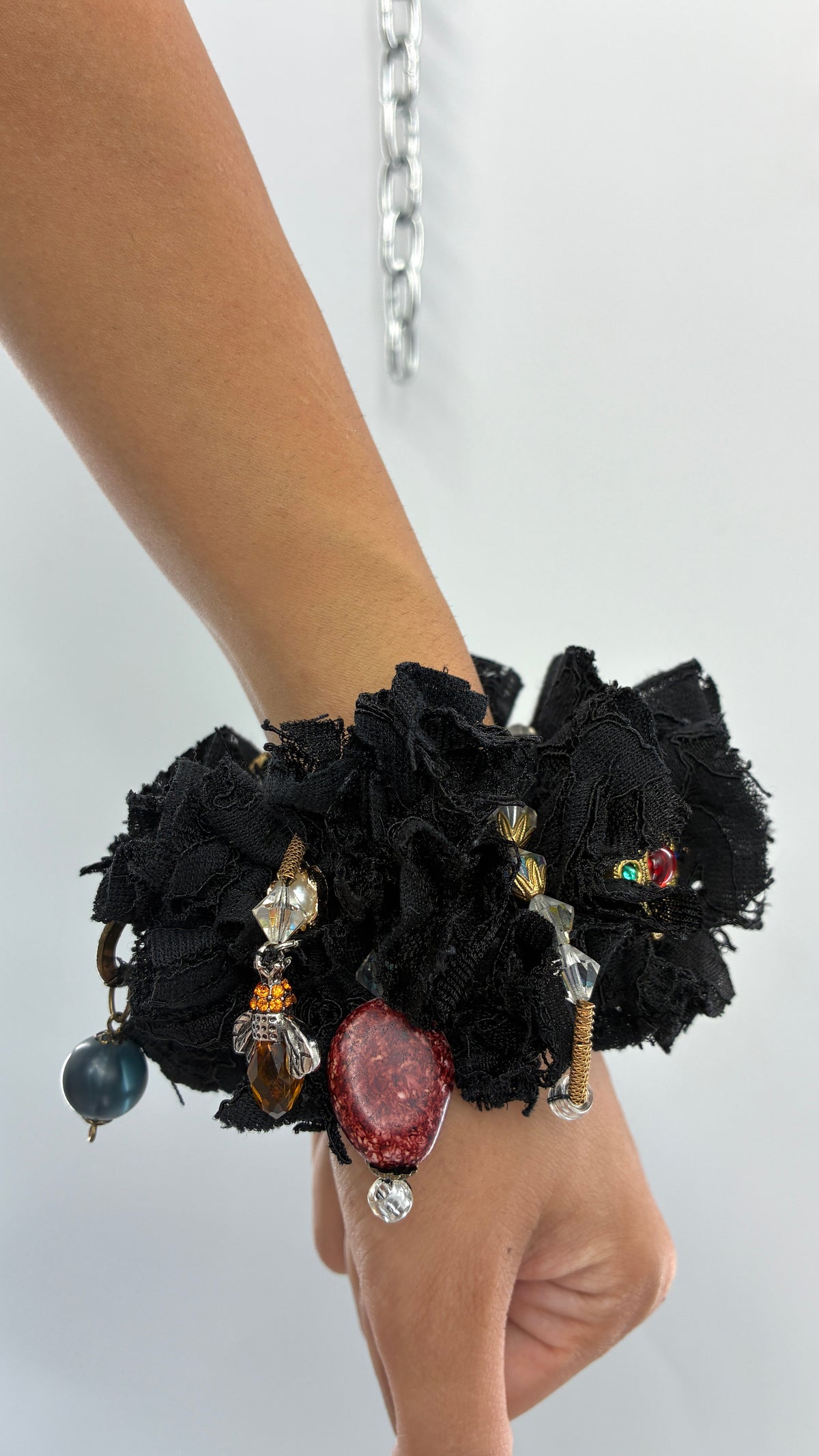 Handmade Black Rosette & Eclectic Charm Statement Cuff