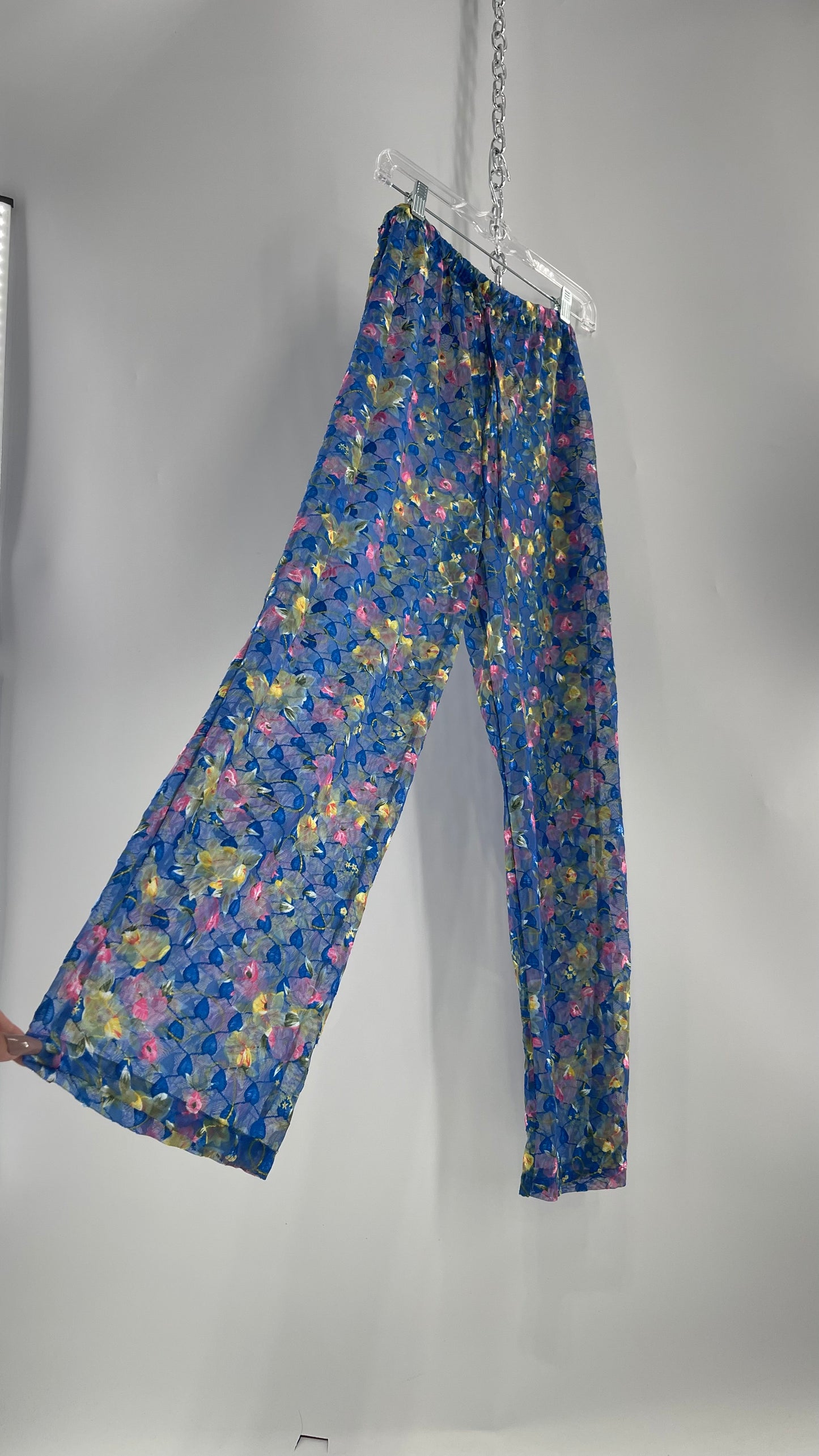 Vintage Classics Fun Pants Cover Up Blue, Embroidered Vines and Floral Graphic (Large)