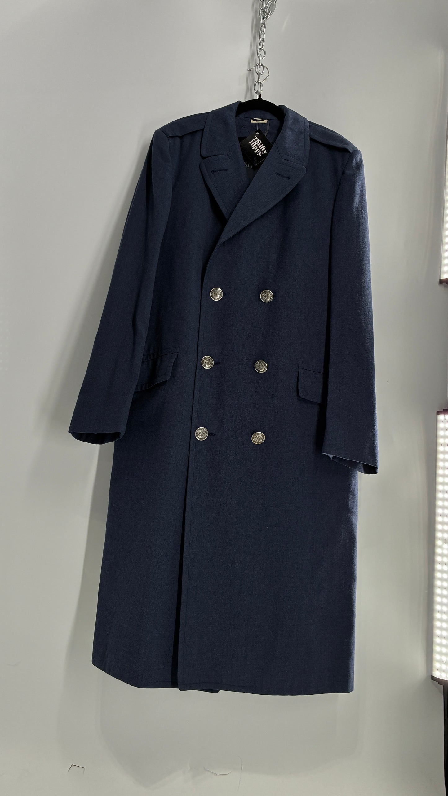 Vintage Military Style Navy Blue Woven Heavy Duty Long Coat