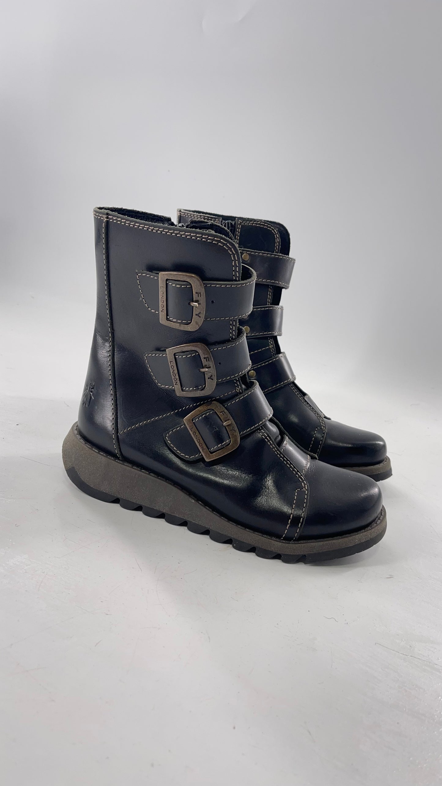 Fly London Black Zipper Side Biker Boot with Oversized Brass Buckles (38)