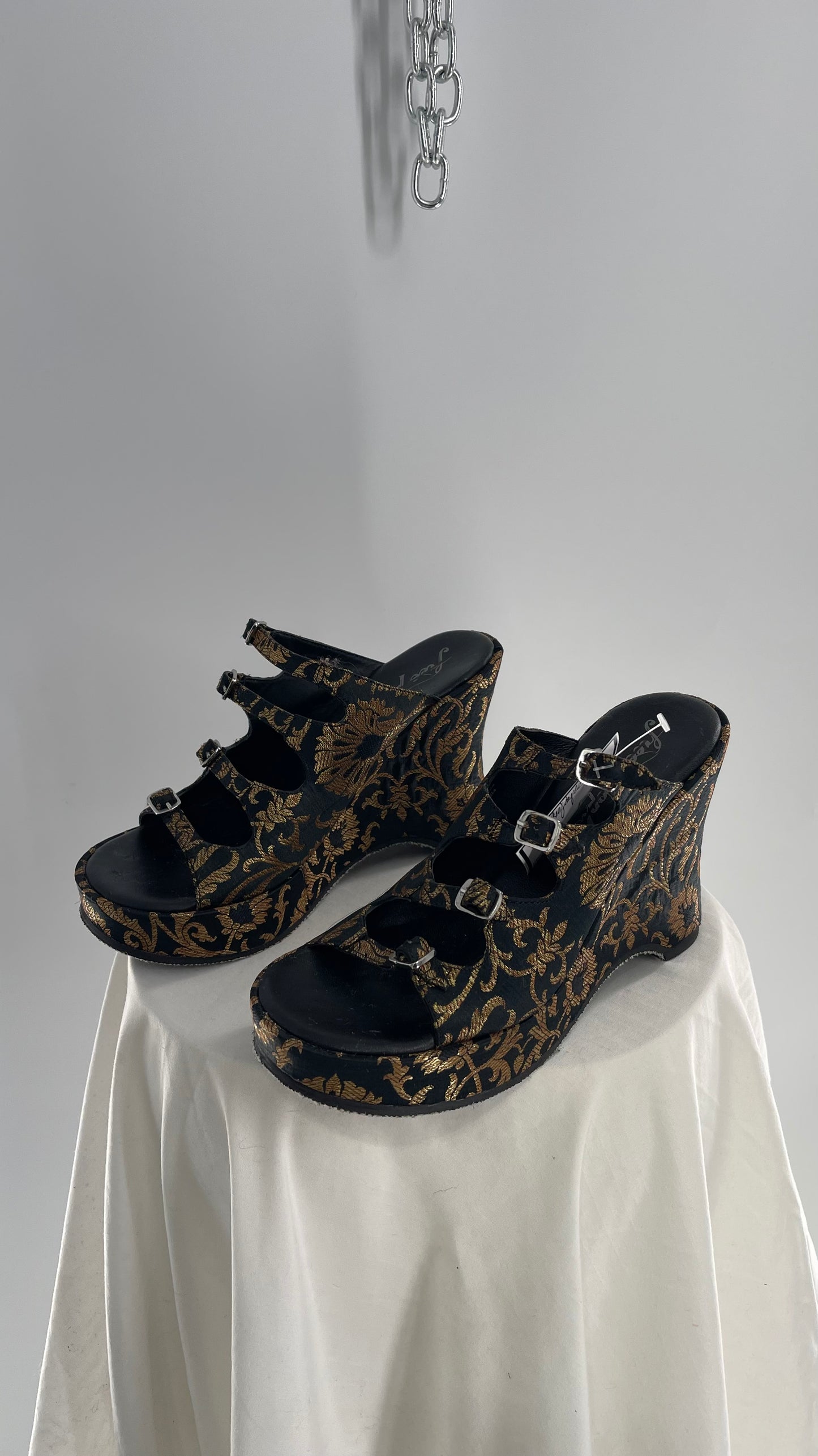 Free People Black Hoffman Buckle Front Wedge Heels with Satin Gold Paisley/Brocade Pattern (37)