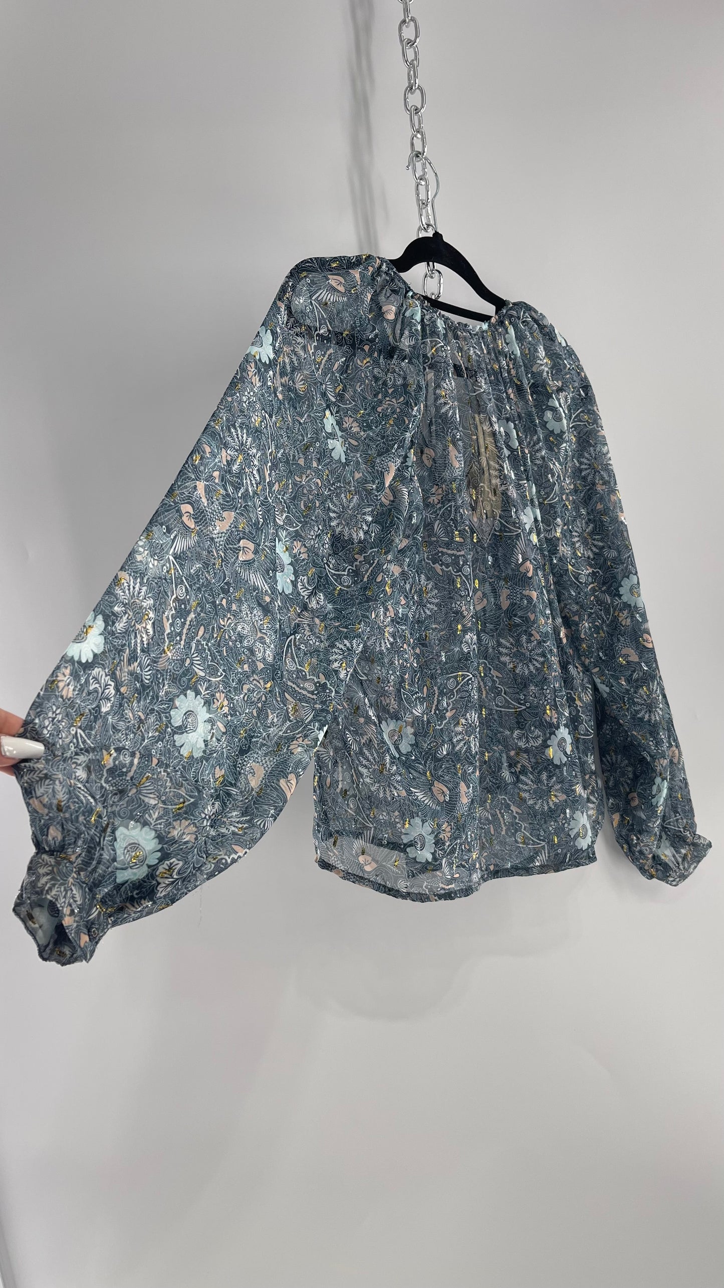 Anthropologie Let Me Be (Small) Blue Voile Blouse with Silver and Gold Ribbon Pieces and Tags Attached