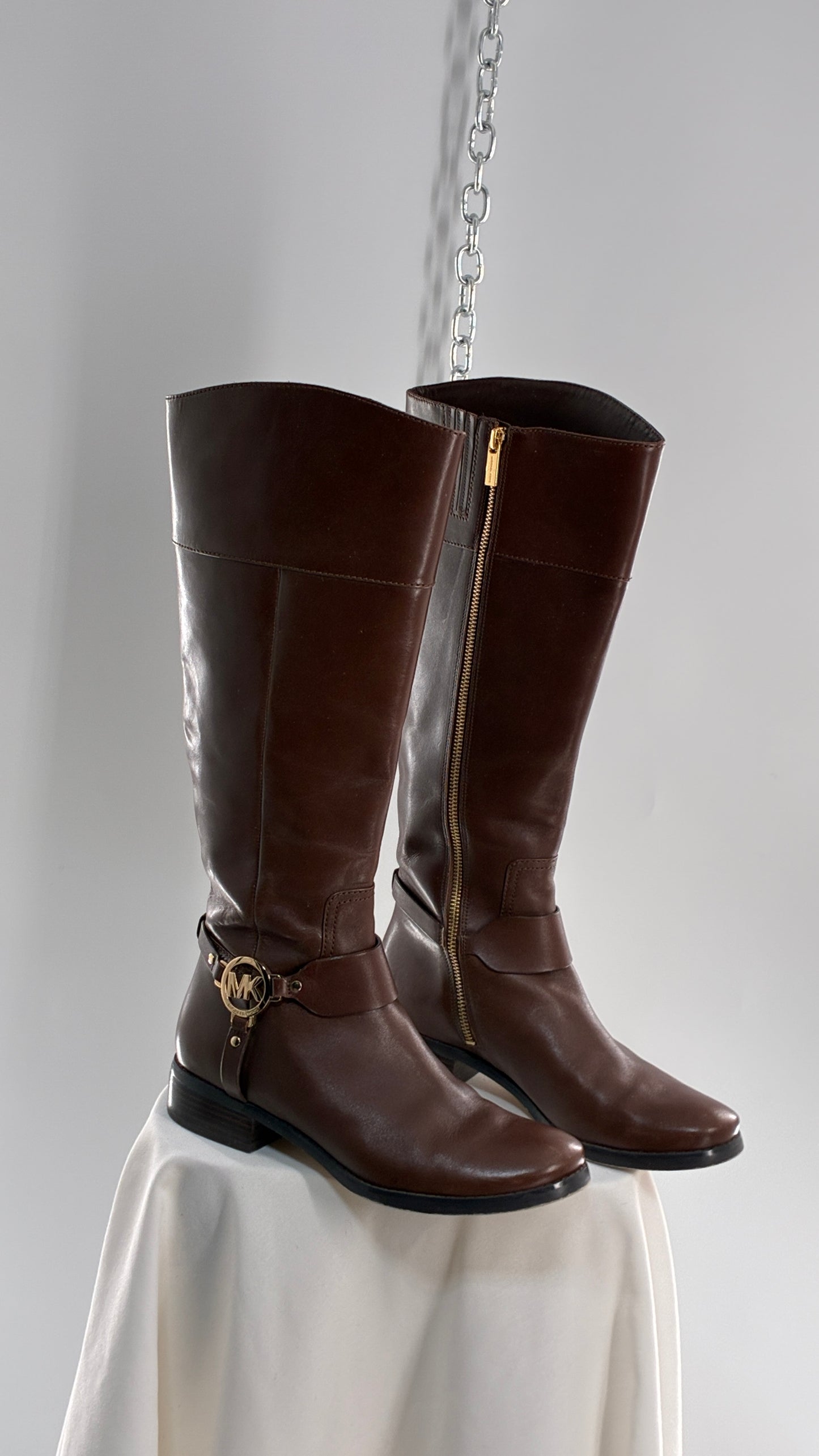 Vintage MICHAEL KORS Knee High Brown Genuine Leather Moto Boot with Gold Detailing (9)