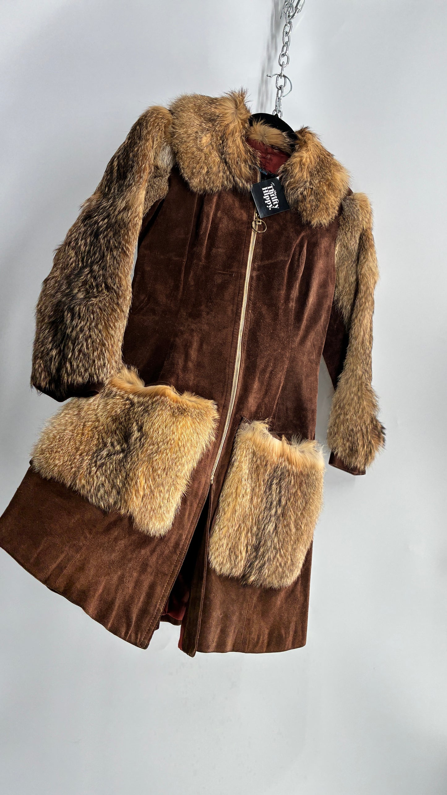 Vintage Cederland 1970s Genuine Suede Leather Coat with Fur Pockets, Sleeves, and Collar (44)