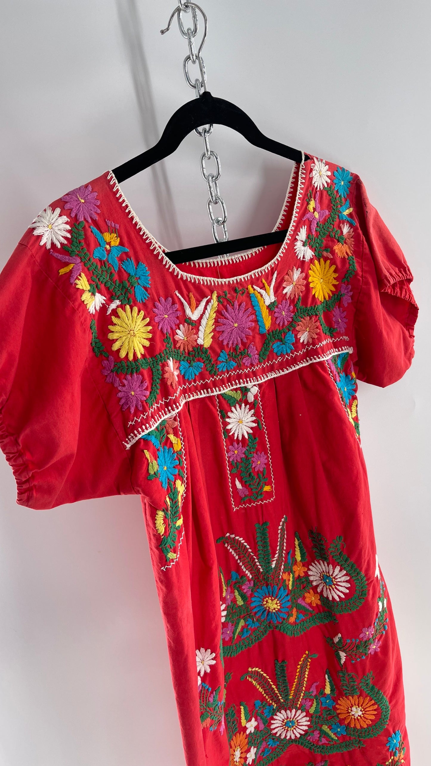 Vintage 1970s Red Cotton Dress with Hand Embroidered Florals Imported from Mexico (Small)