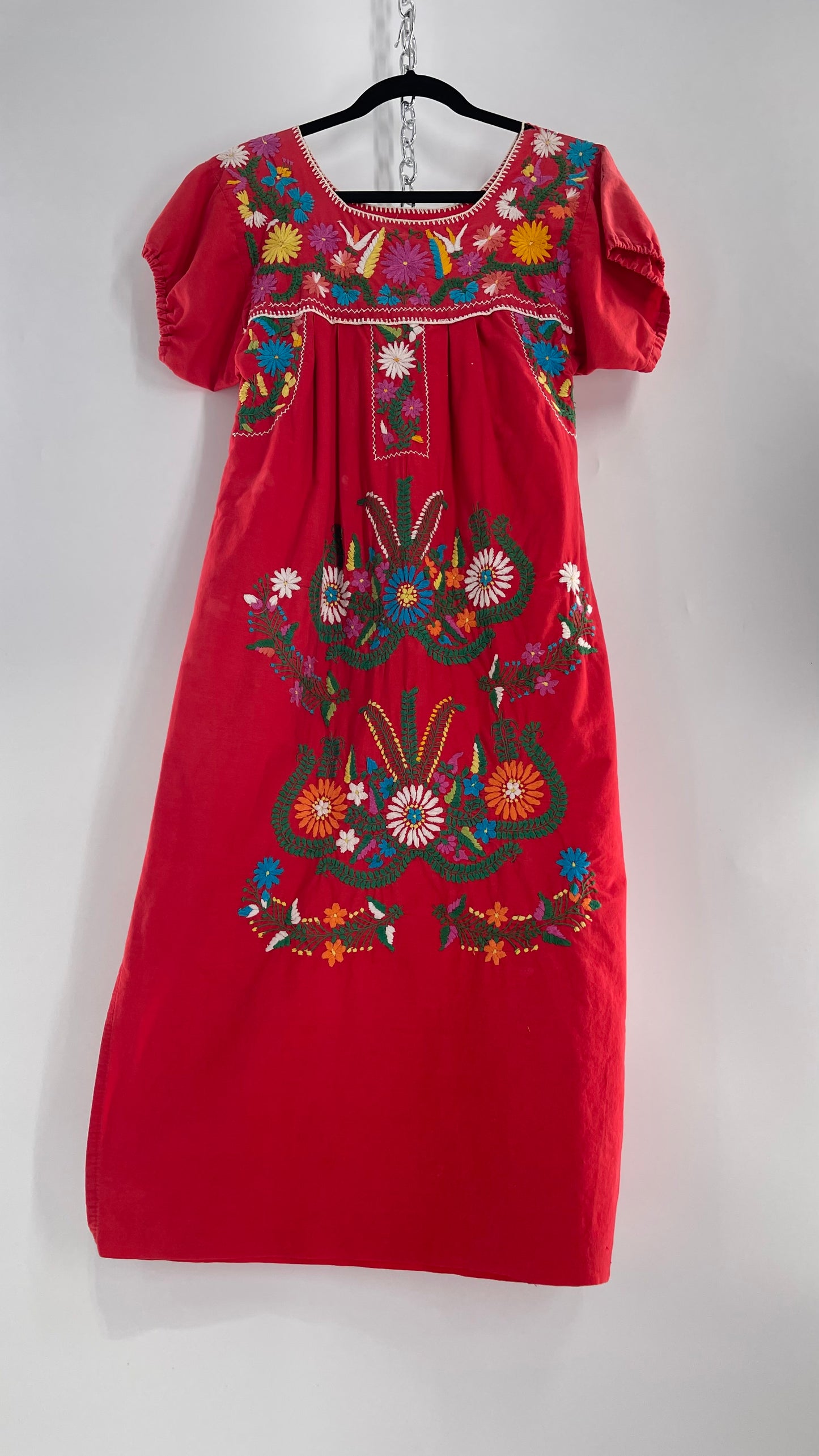 Vintage 1970s Red Cotton Dress with Hand Embroidered Florals Imported from Mexico (Small)