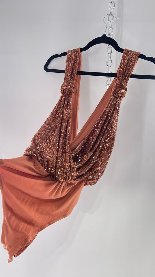 Free People Copper Sequin Draping Bodysuit with  Tortoise Shell Buckle Detail (Medium)