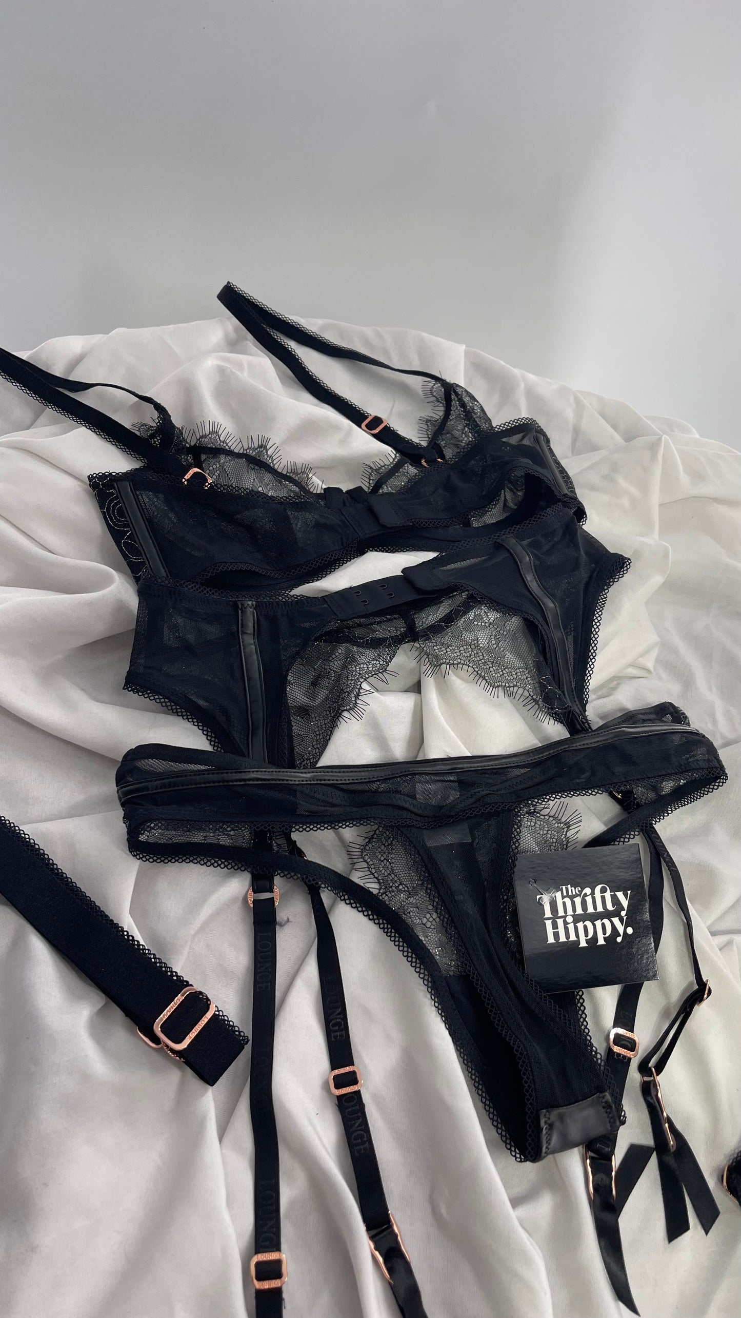 LOUNGE Black and Silver Lace Pandora Bra, Garter, and Panty Set NWOT (32C,XS)