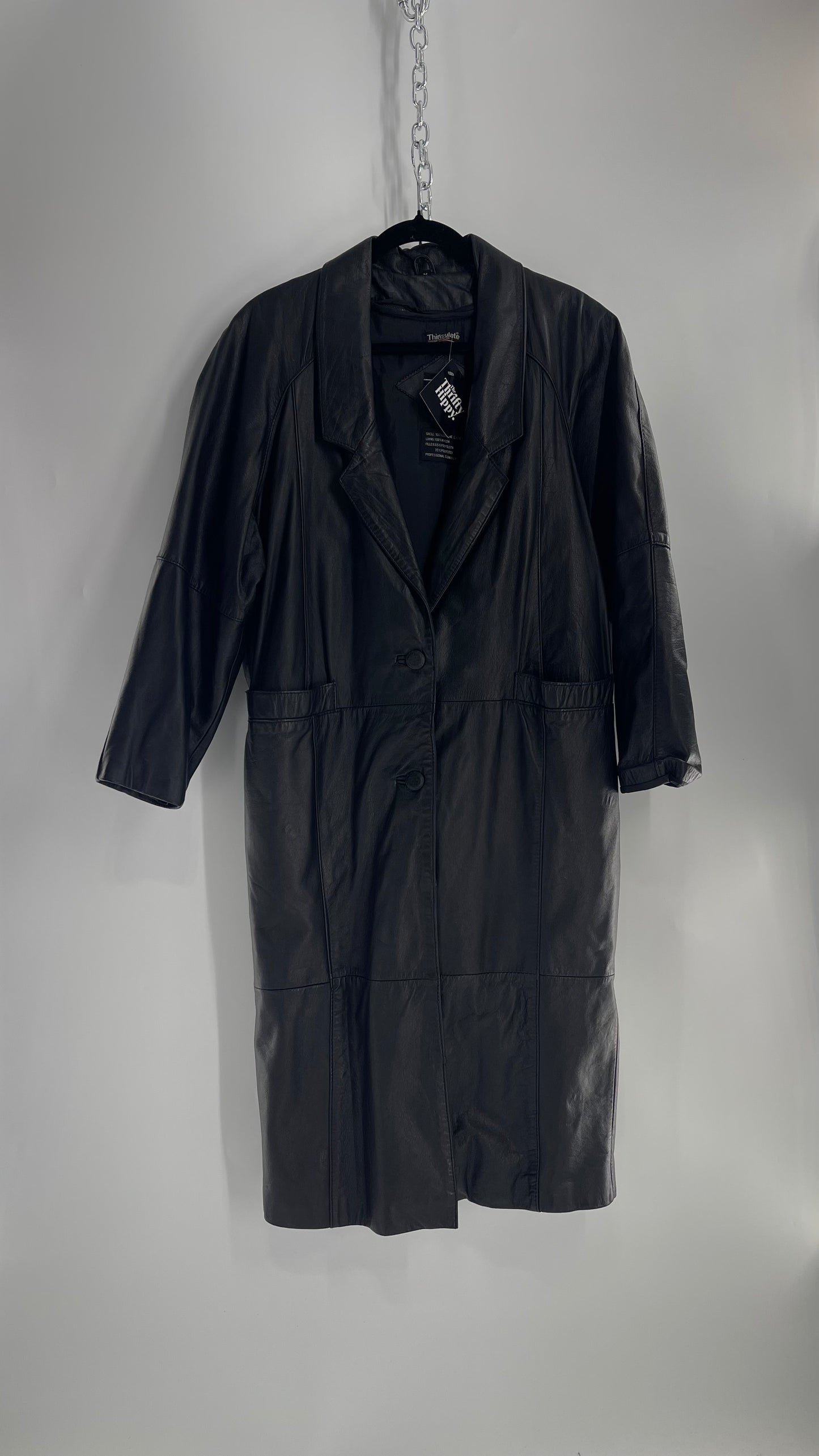 PELLE Vintage Black Leather Duster Coat (C) (Medium)