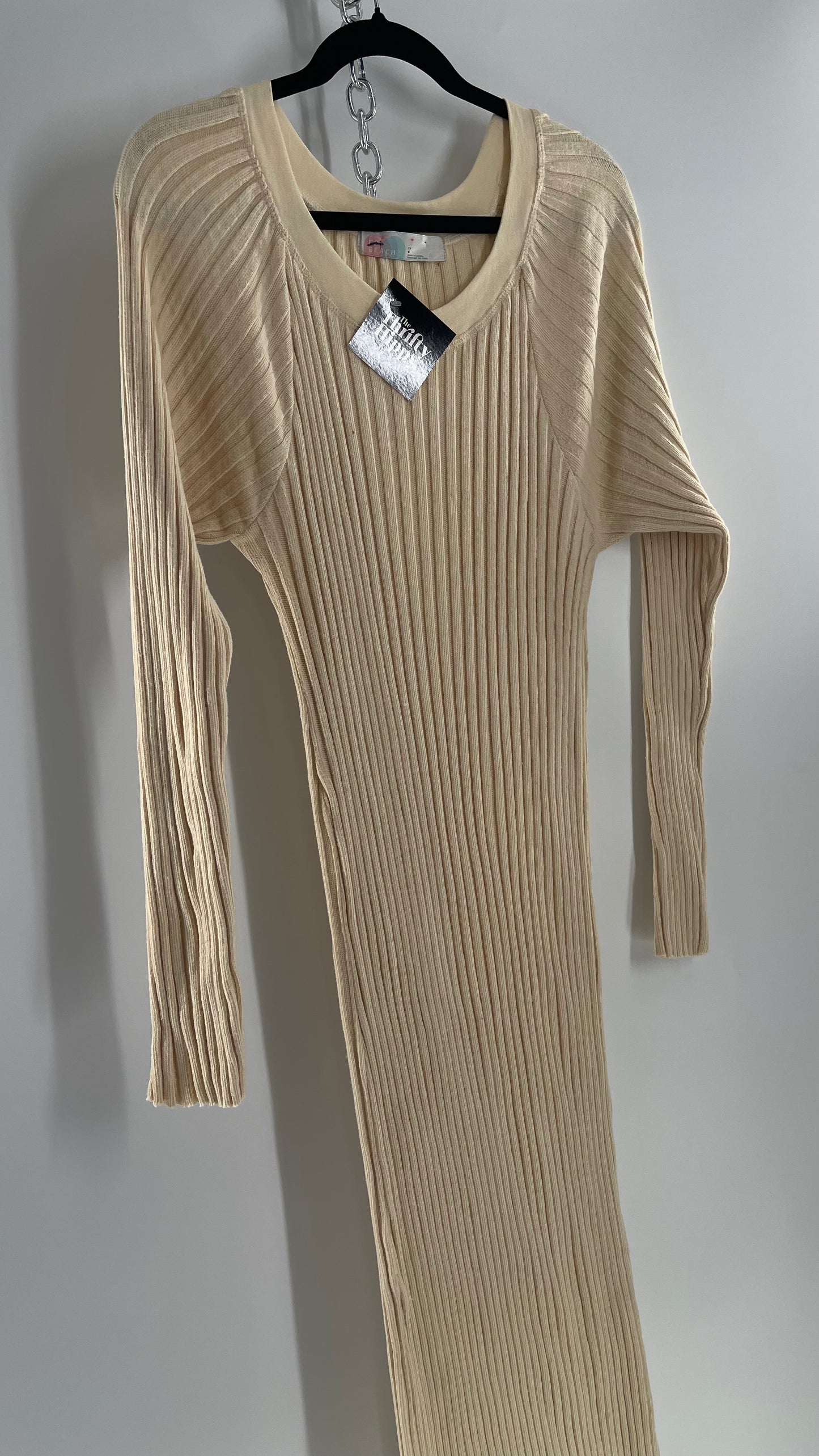 Free People Beige Knit Full Length Cozy Dress (Large)