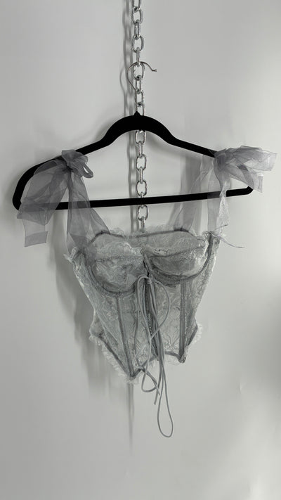 Vintage Light Grey Pointed Hem Lace Corset with Shoulder Bows (XS)