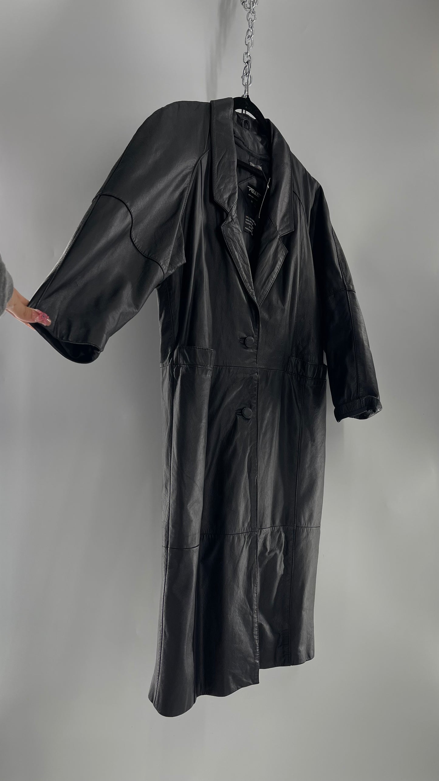 PELLE Vintage Black Leather Duster Coat (C) (Medium)