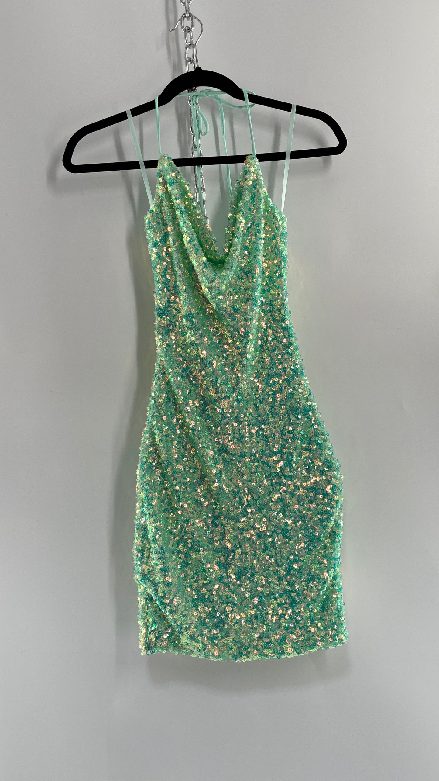 WINDSOR Aqua Blue Sequin Mini Dress with Draping Bustline and Tags (Small)