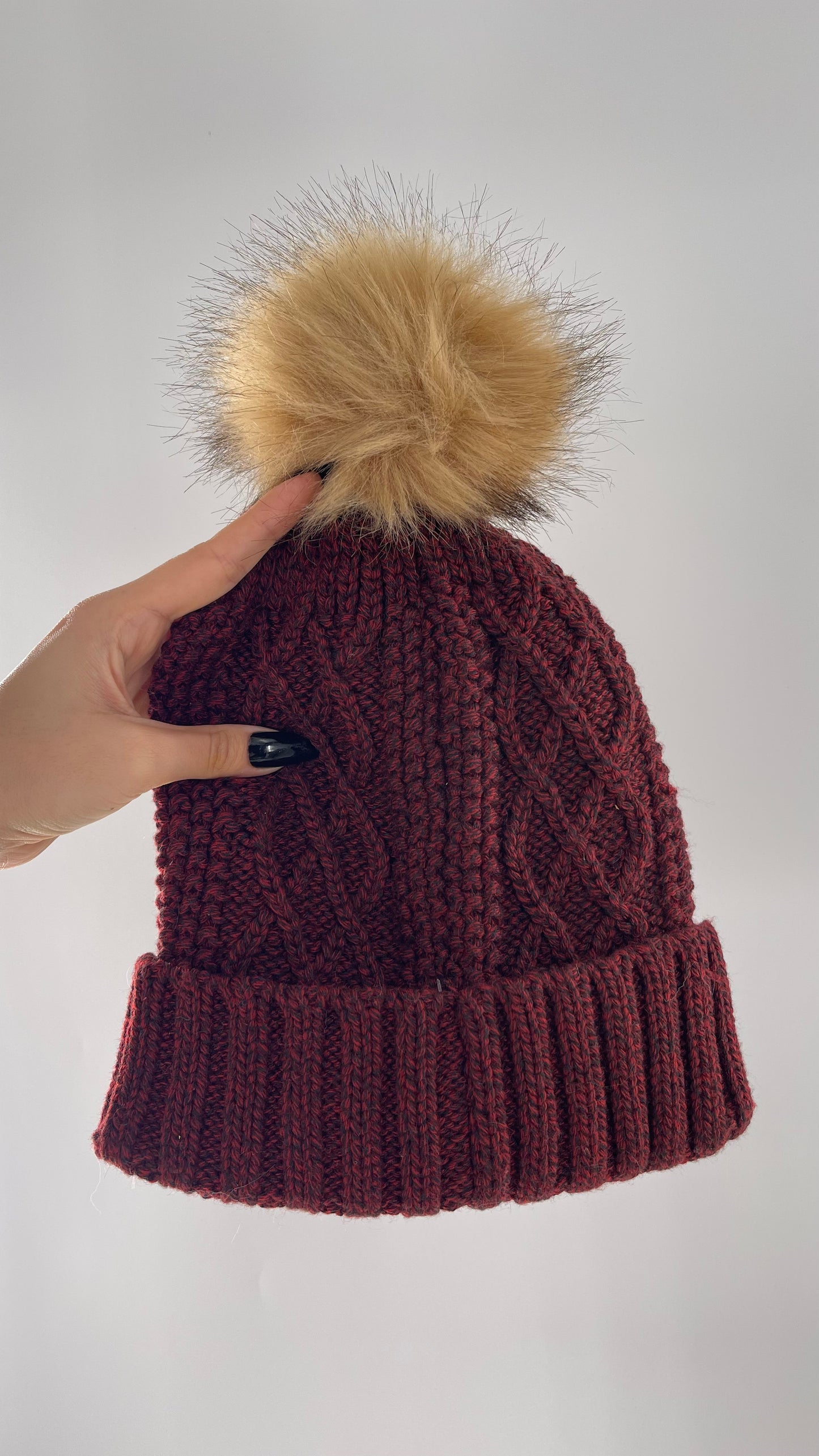 Urban Outfitters Burgundy Knit Beanie with Tan Faux Fur Pom