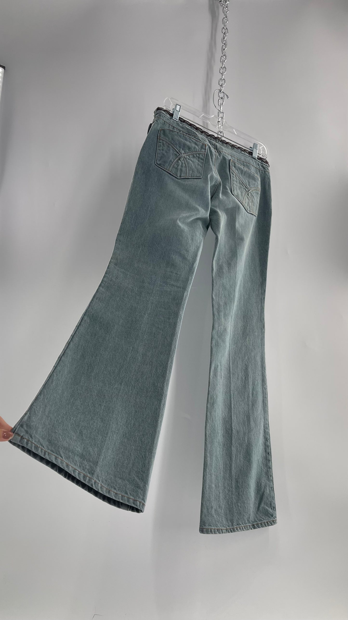 Vintage GAP Light Wash Denim Kick Flares with Bronze Chain Link Waistline (2)