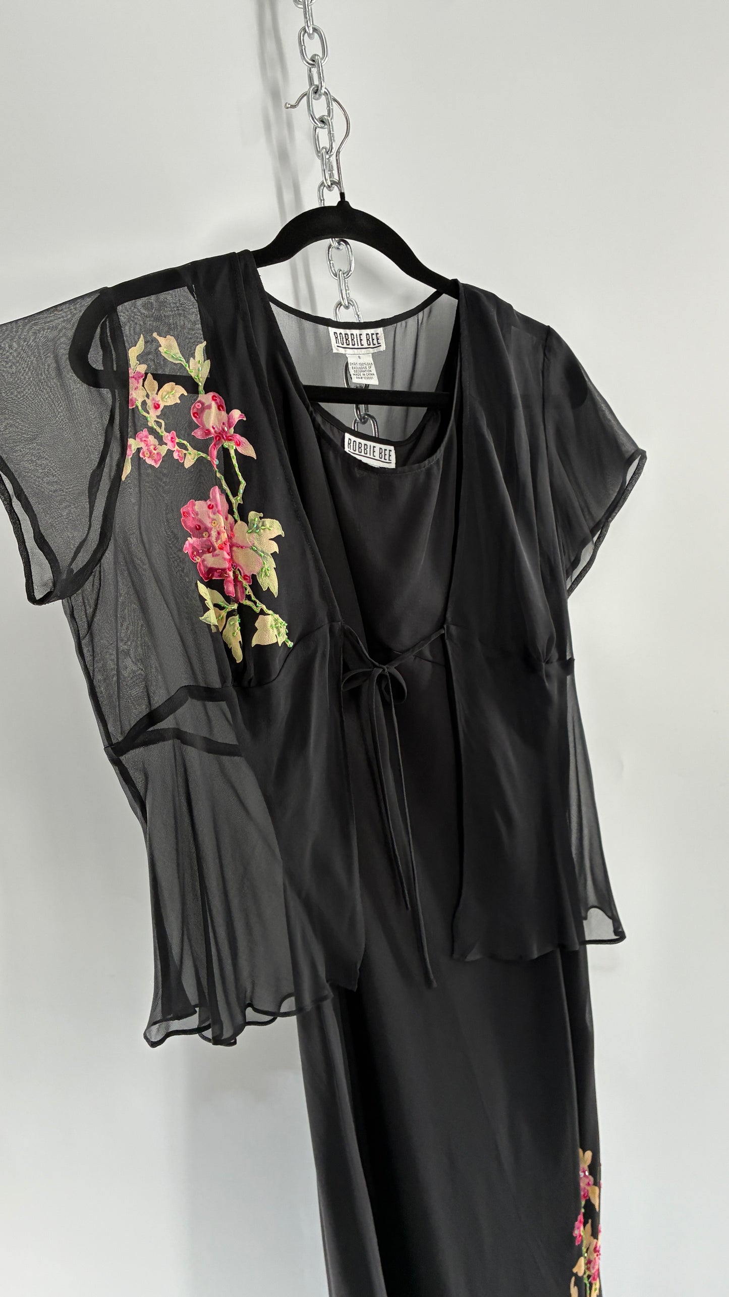 Vintage 1990s ROBBIE BEE 100% Silk Black Gown with Underbust Stitch and Matching Tie Bust Blouse (8)