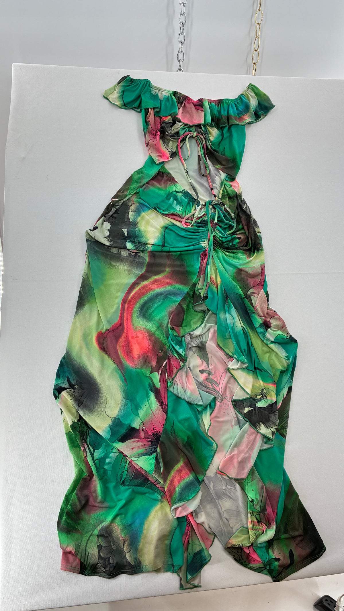 FASHION NOVA Graphic Green Cut Out, Side Slit Gown with Adjustable Waist and Bust Exposure (S/M)