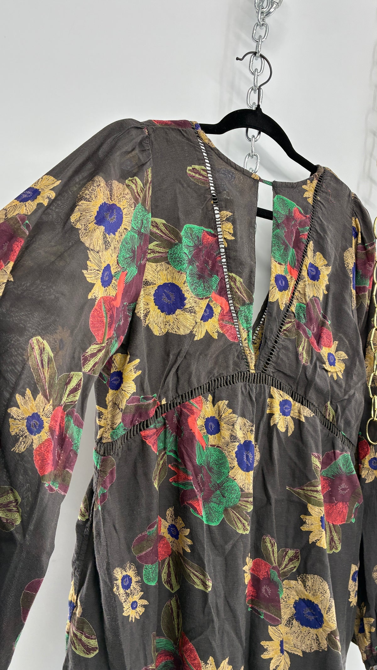 Vintage Free People Slate Grey Dress with Primary Florals (Medium)