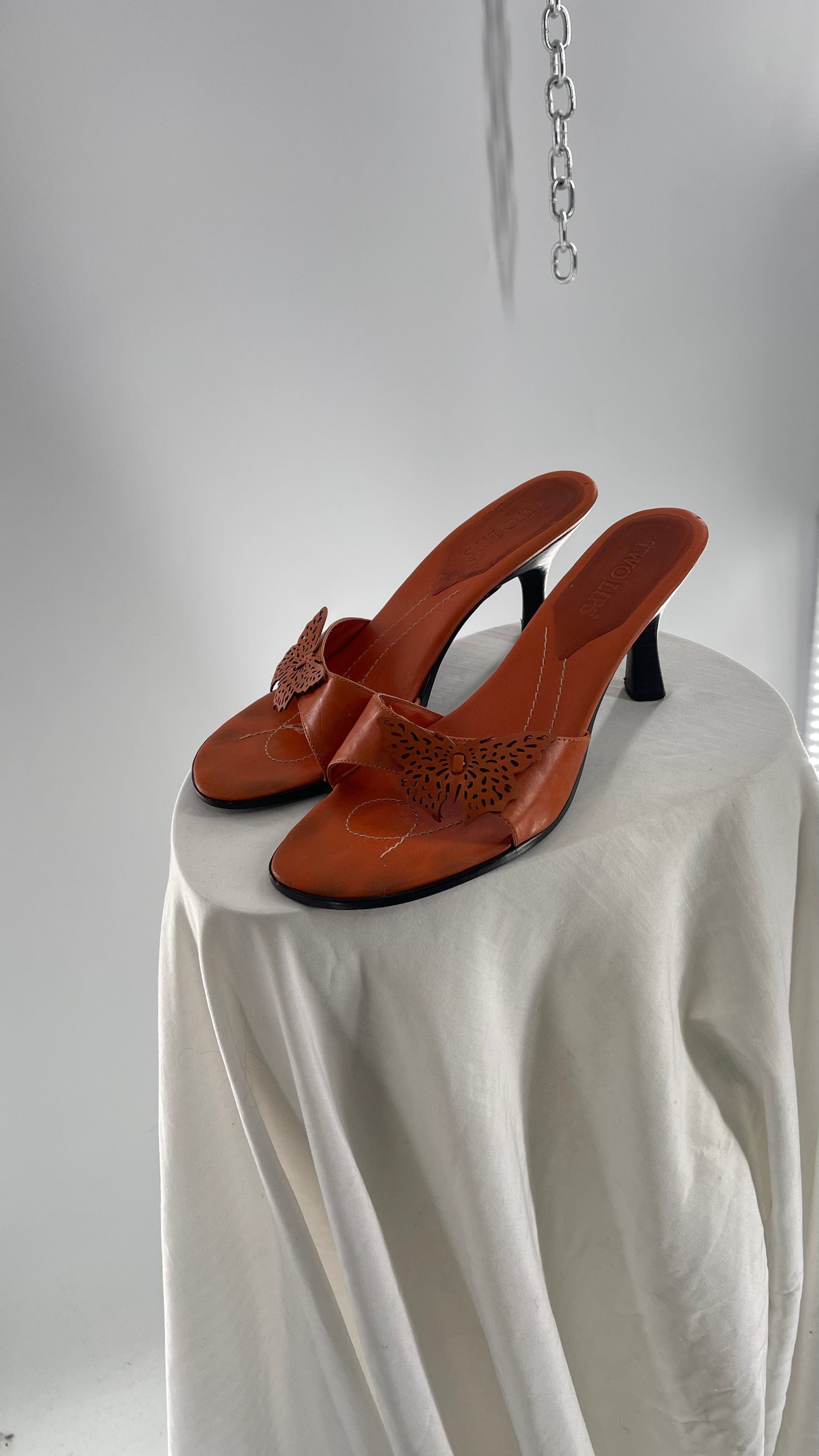 Vintage Two Lips Orange Leather Heels with Butterfly Appliqué (9.5)