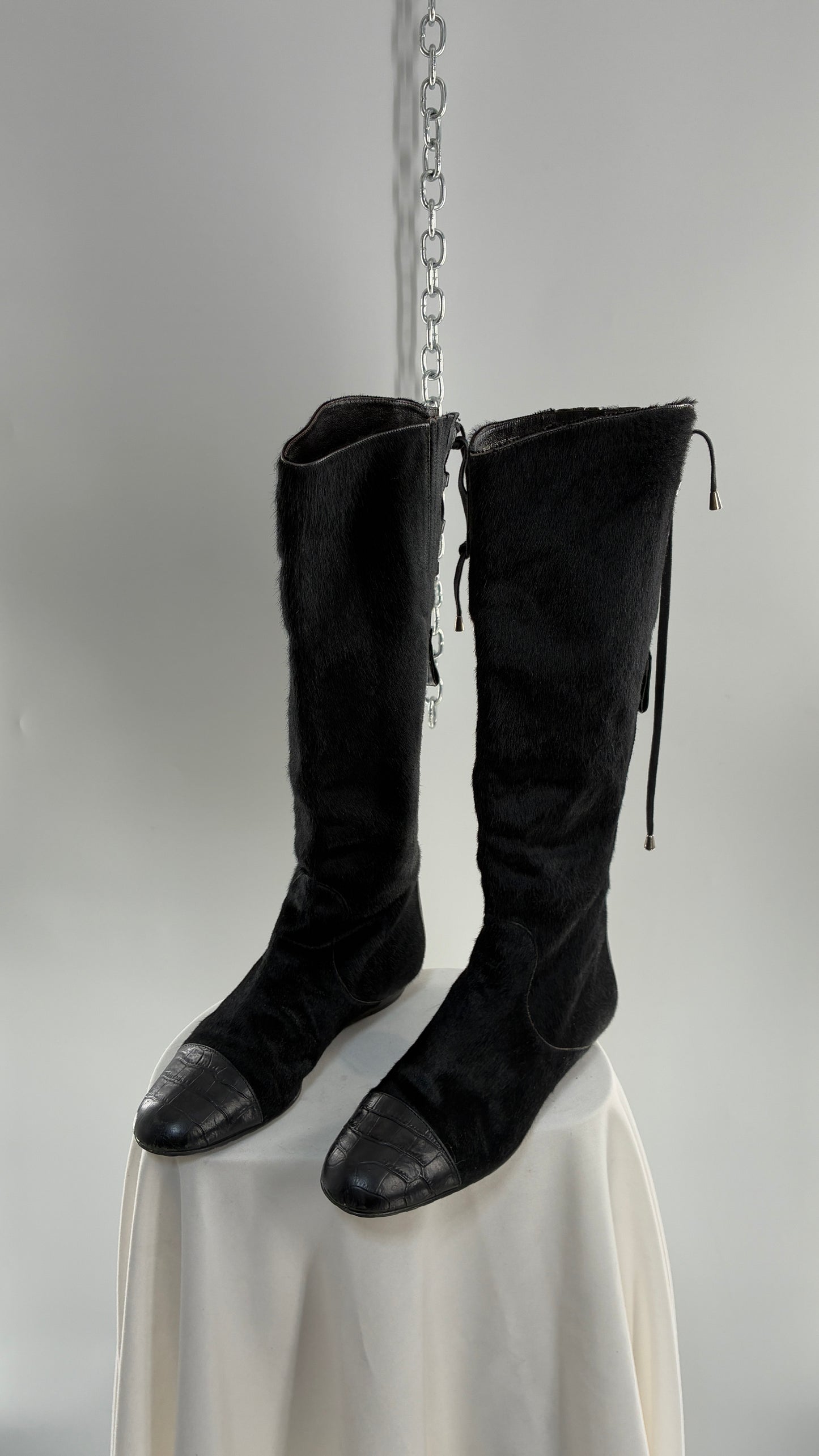 Vintage MIGLIORINI Black Genuine Calf Hair/Fur Boots with Heel, Made in Italy (7.5)