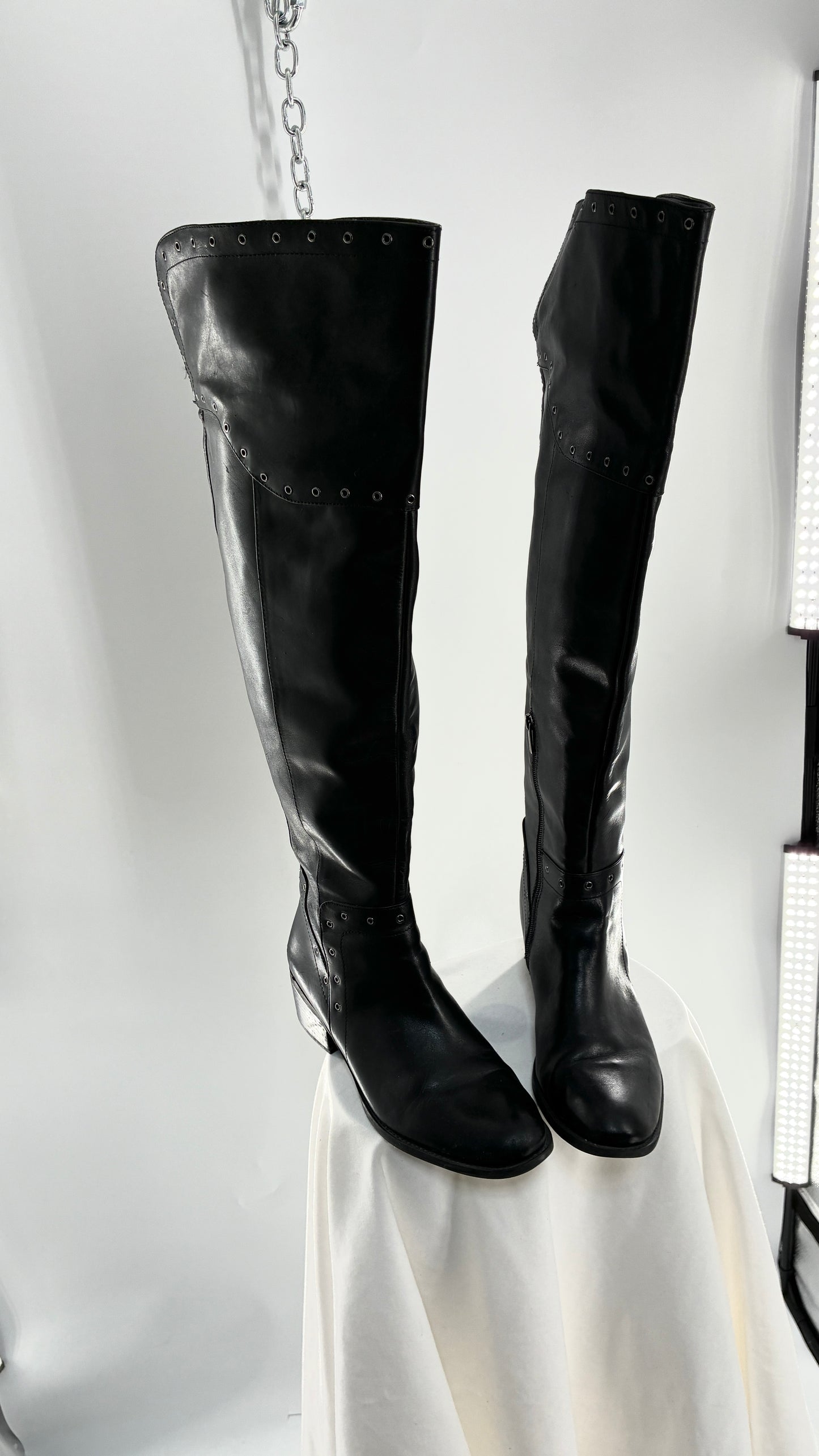 VINCE CAMUTO Genuine Leather Black Over the Knee, Thigh High Boots with Studding Details (11/41)