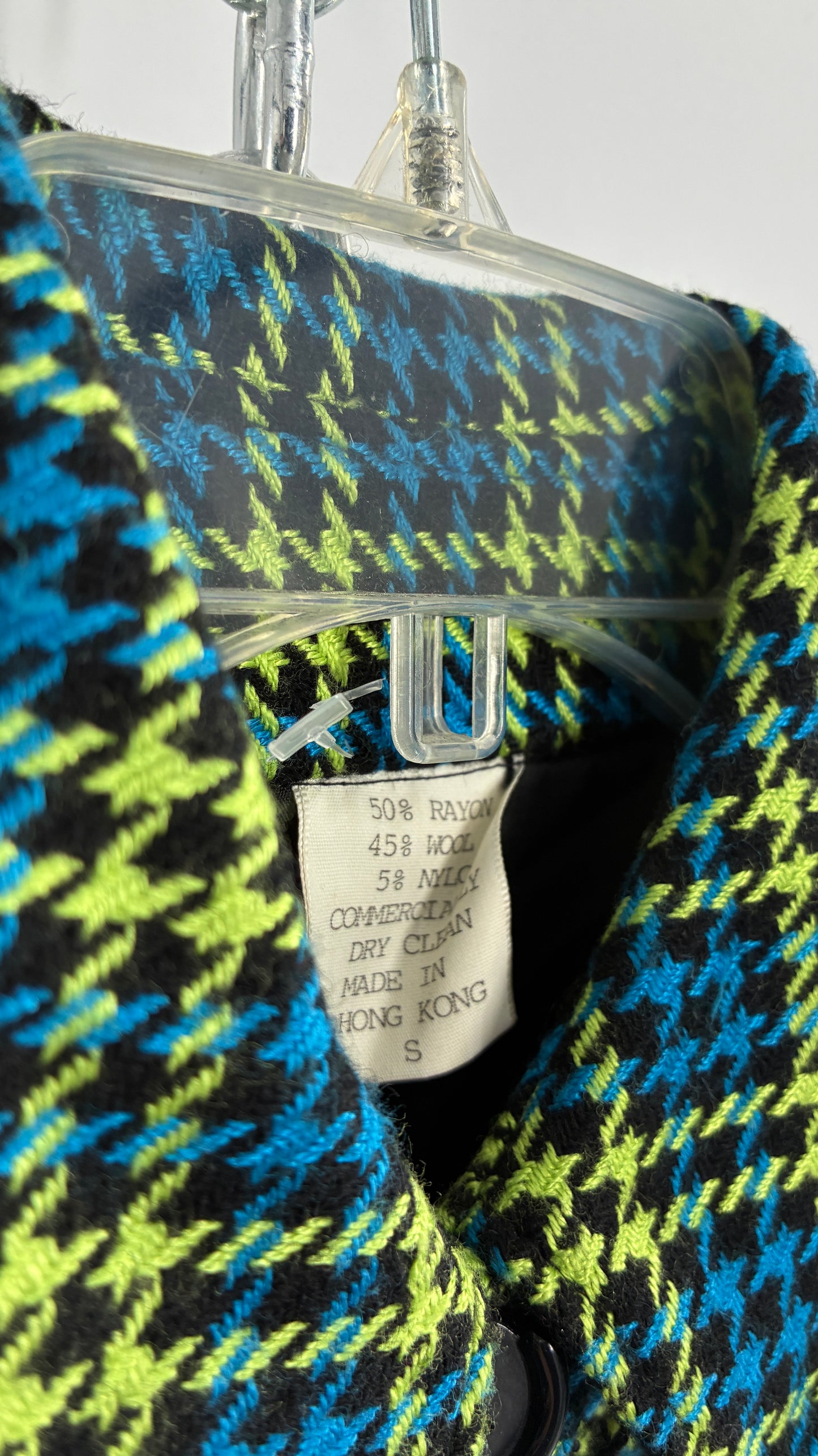 Vintage HONG KONG Wool Blend Neon Green and Blue Plaid Jacket and Micro Mini Set (Small)