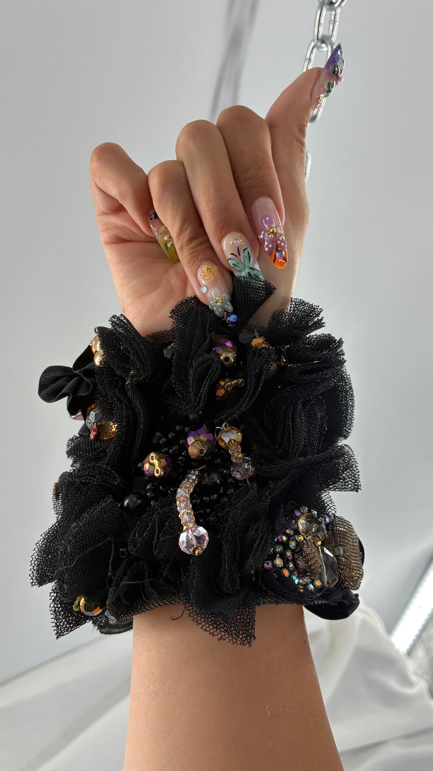 Vintage Black Tulle Jeweled Maximalist Statement Cuff Bracelet