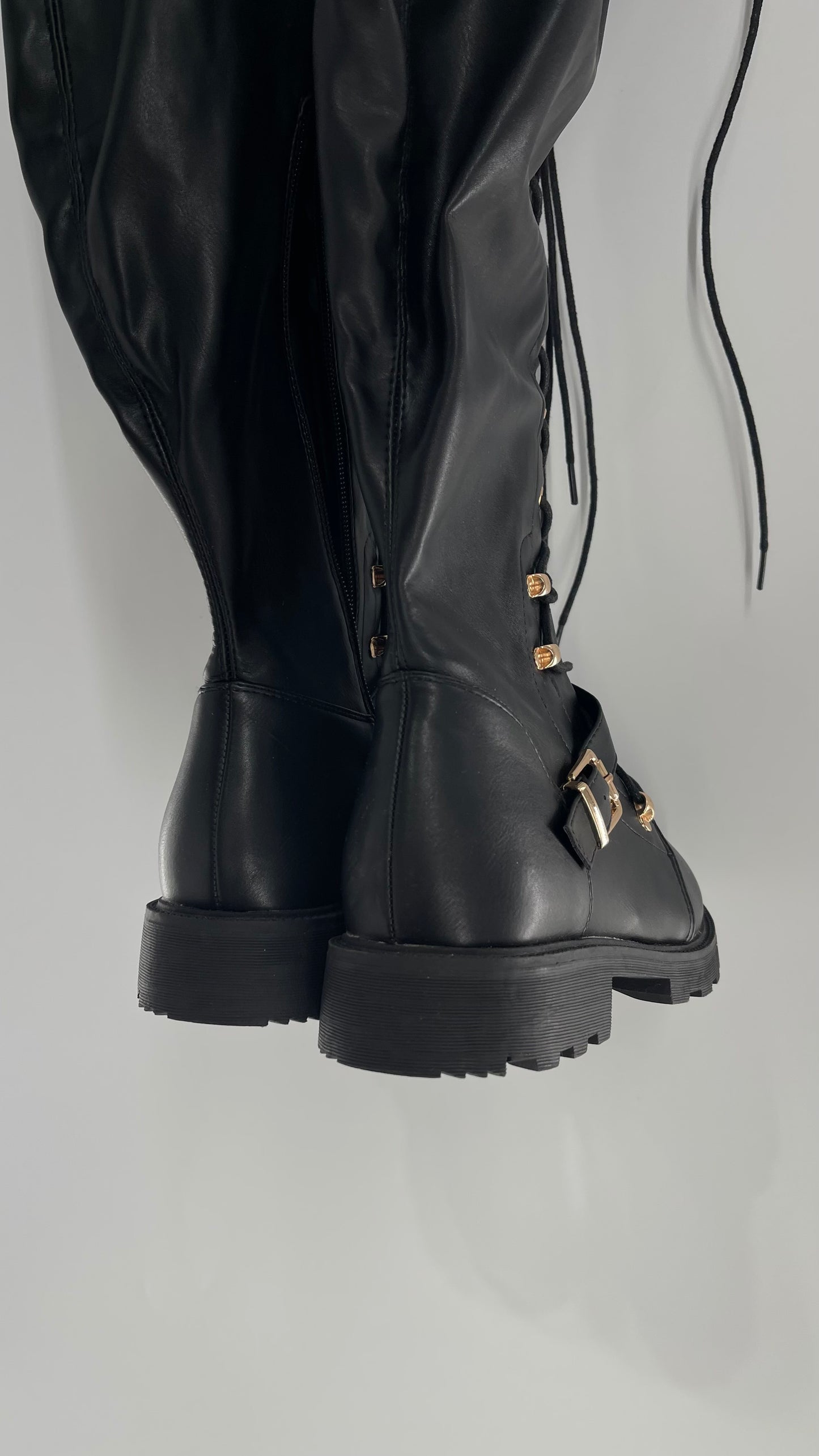 Shoedazzle Black Tall Boots with Gold Hardware (7)