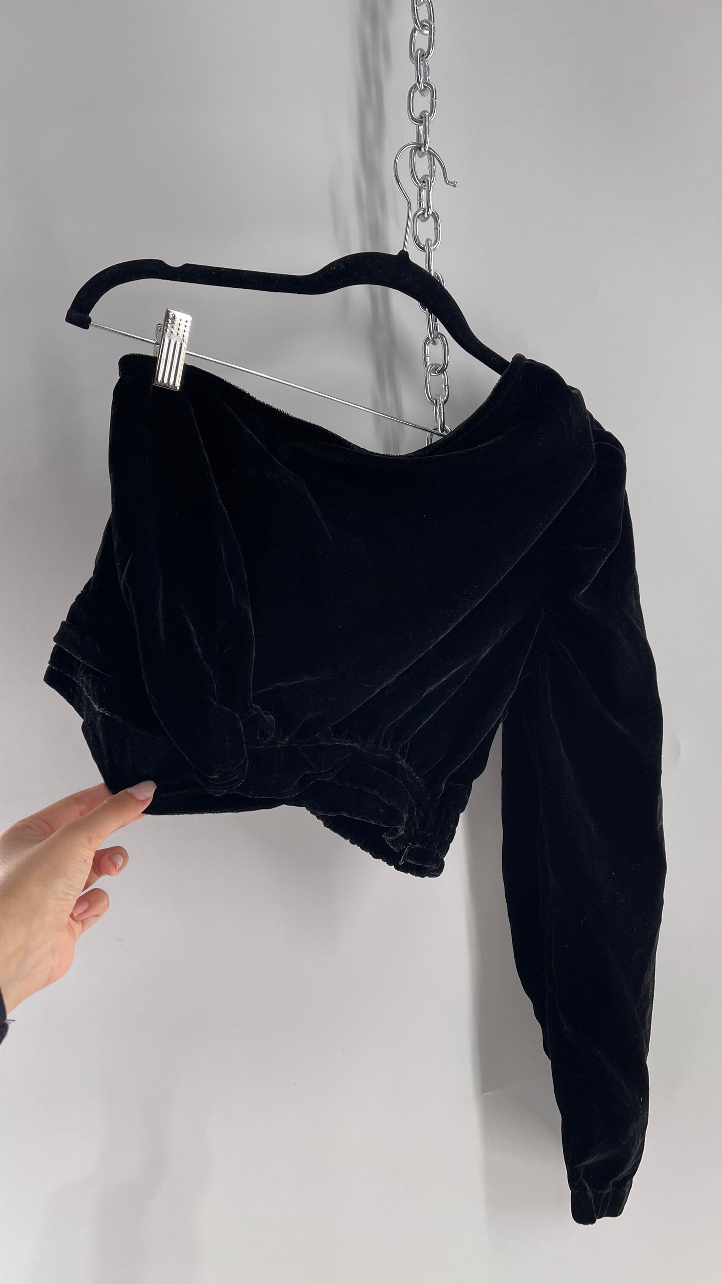 Free People Black Velvet Single Long Sleeve with Ruched Waistline (Small)