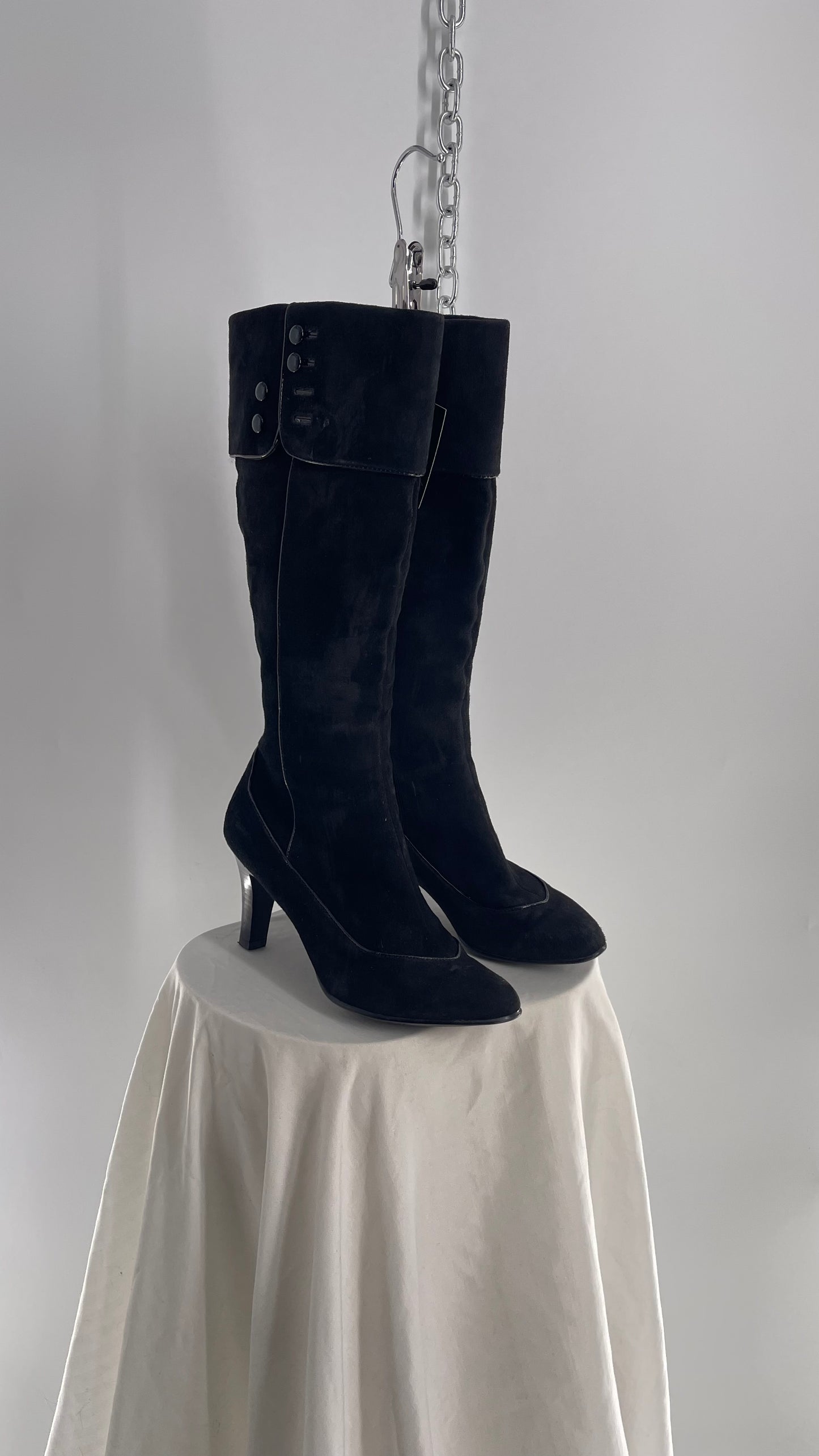 Vintage Soft Black Suede Leather Boots with Piping and Button Details (6)