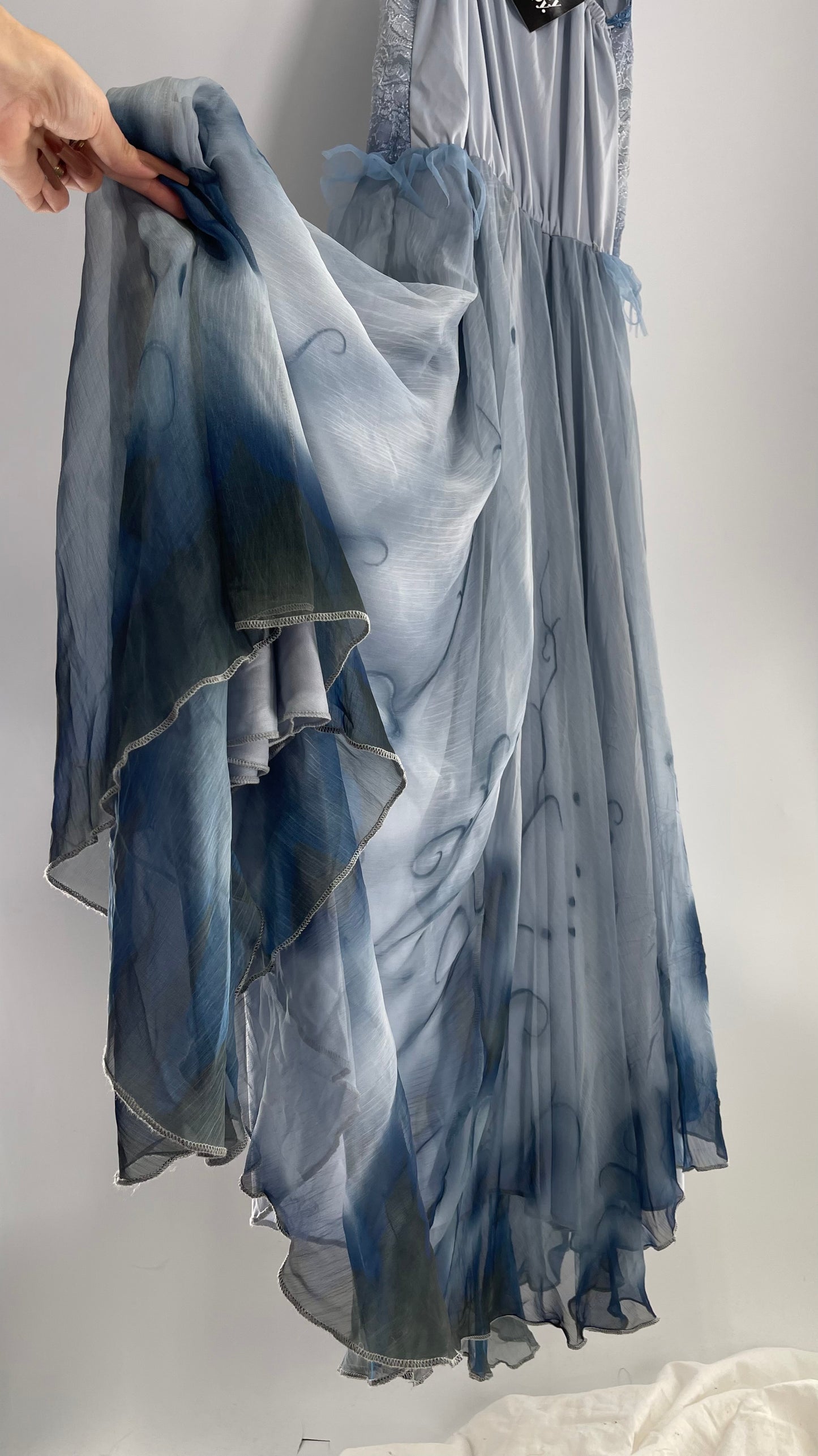 Vintage Muted Blue Corpse Bride Style Gown with Tulle, Embroidery and Ombré