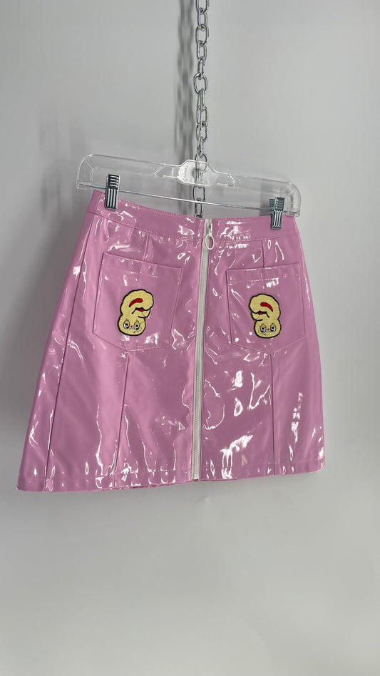 Lazy Oaf X Esther Bunny Pink Zip Front Mini Skirt with Smoking Bunny Embroidered Patches (26)