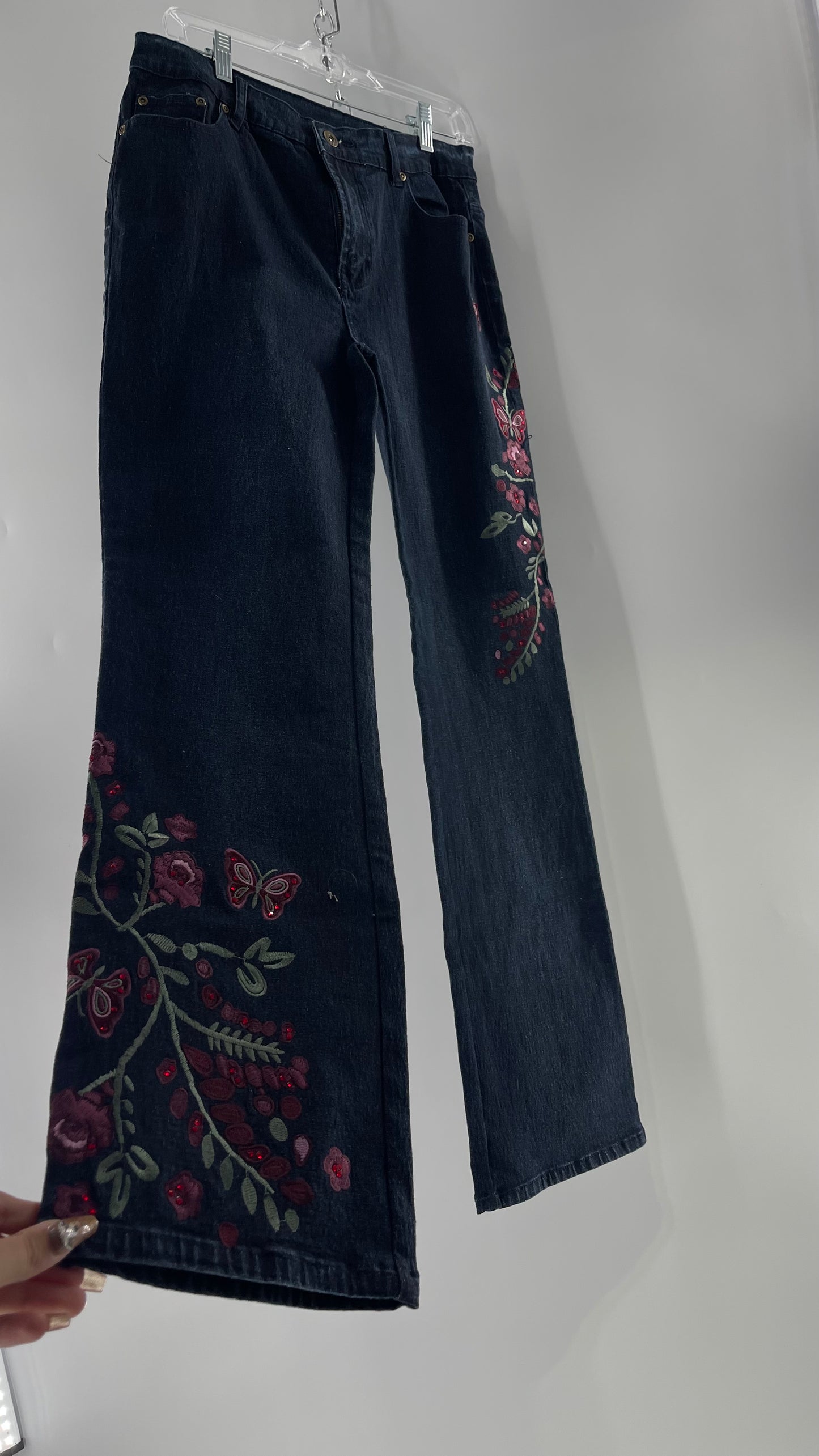 Diane Gilman Dark Wash Embroidered Embellished Butterfly Kickflare Jeans (8)