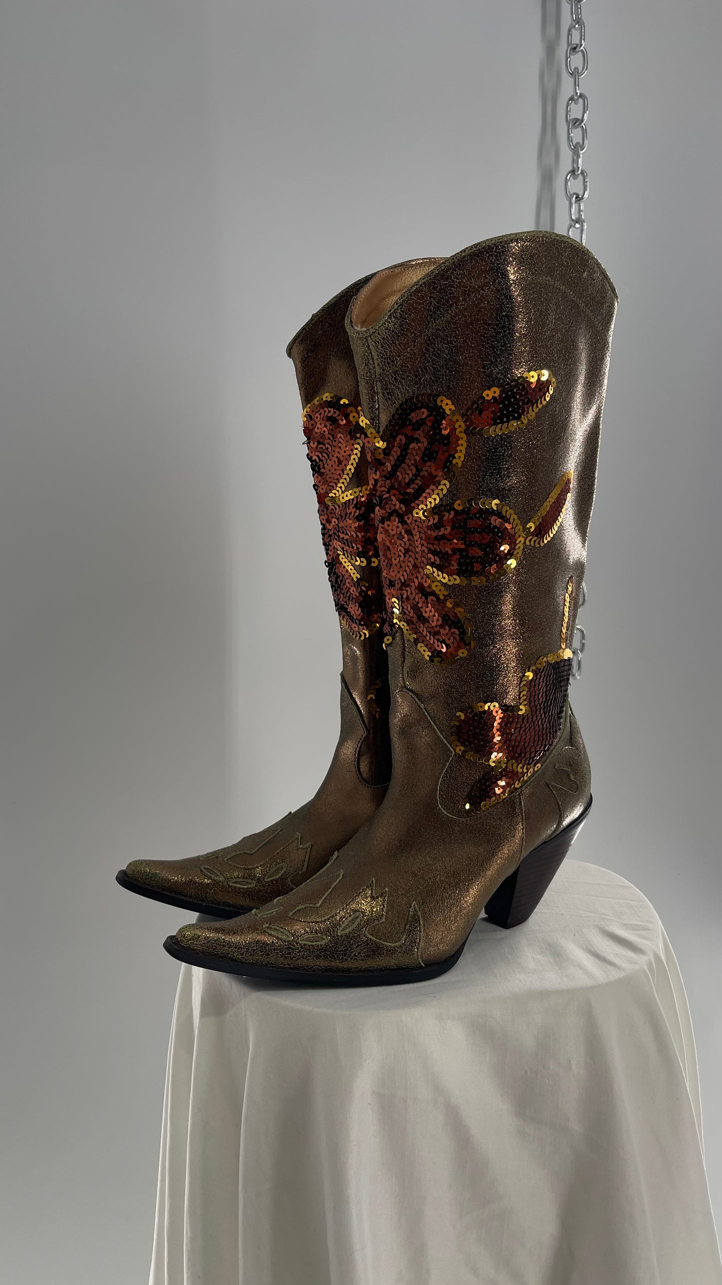 RARE Vintage Foot Candy Sage Green/Bronze Leather Cowboy Boots with Sequin Flowers and Flame Details (6.5)