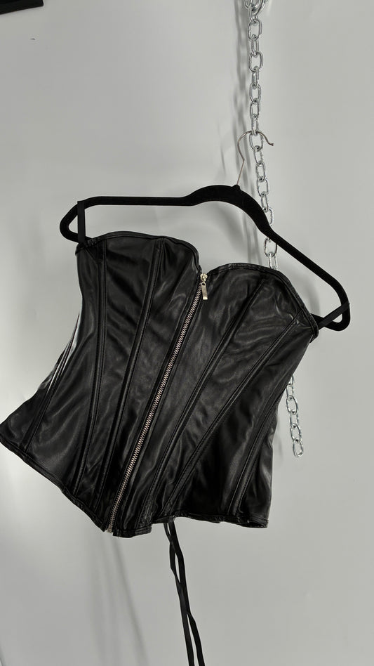 Black Vegan Leather Zip Front Corset (Medium)