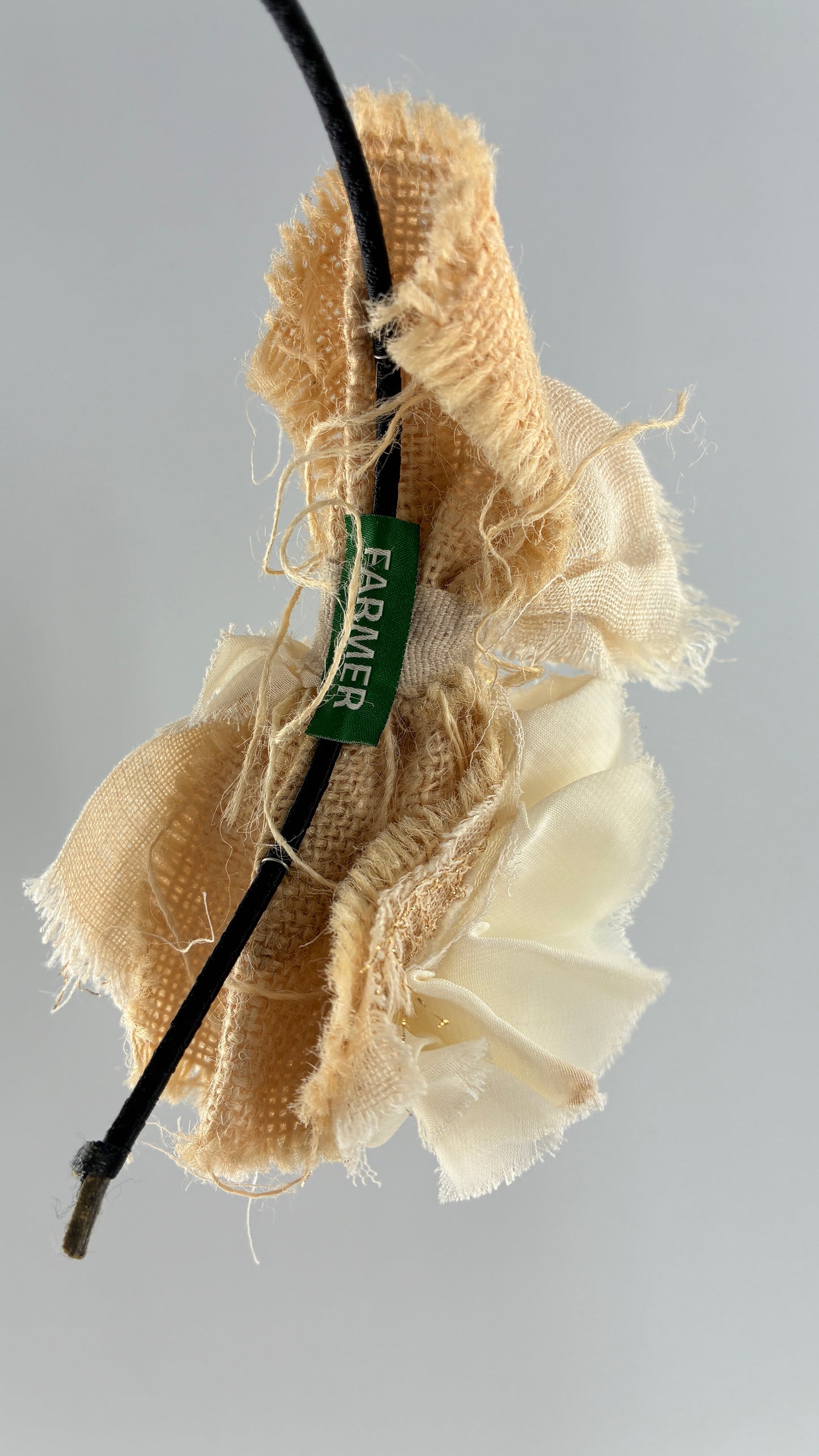 Vintage FARMER Handmade Discrete Headband with Oversized Beige Gold Bow Appliqué