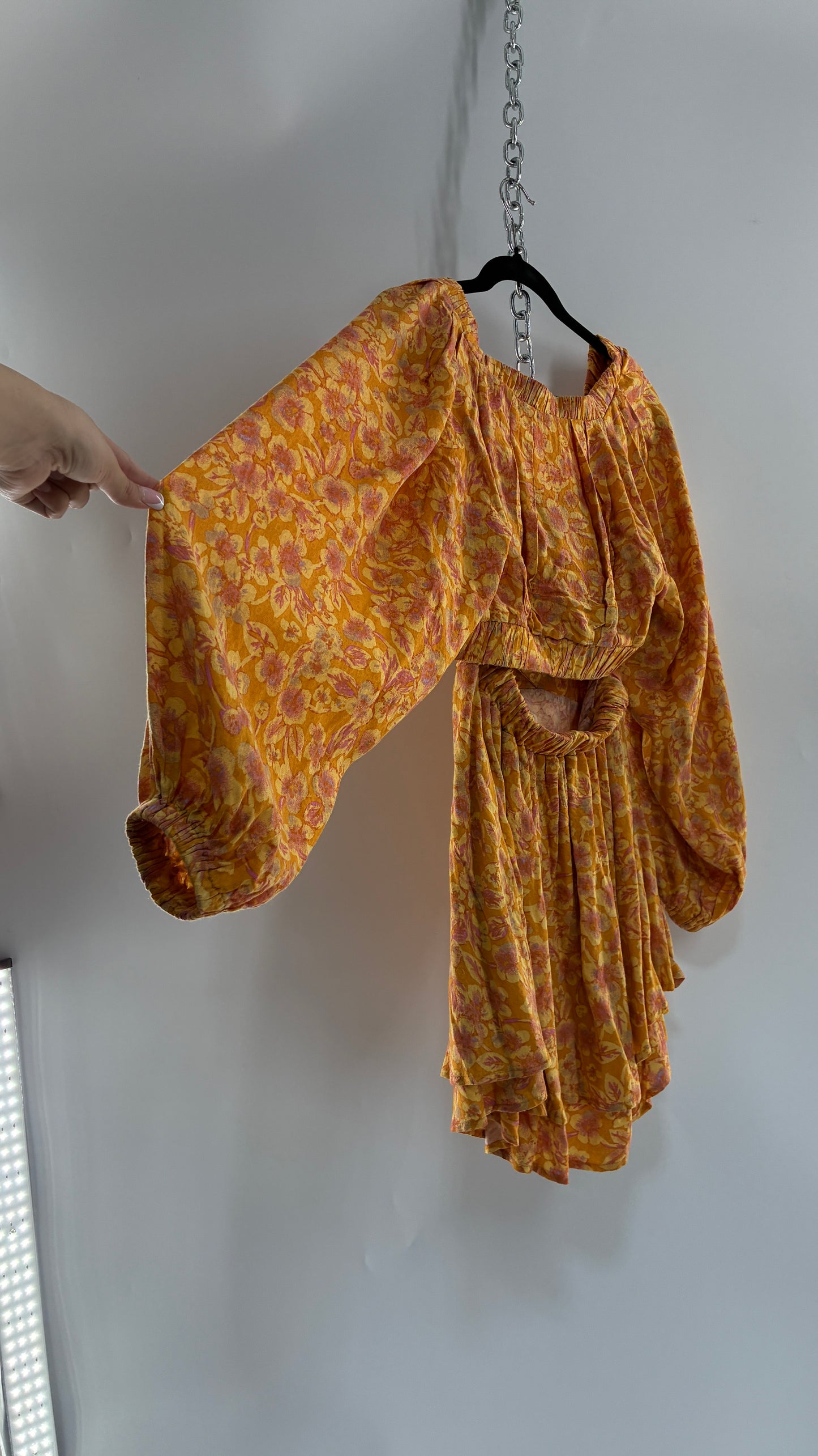 Free People Yellow Cut Out Golden Florals Dress with Ruched Bust and Balloon Sleeves Worn (XS)