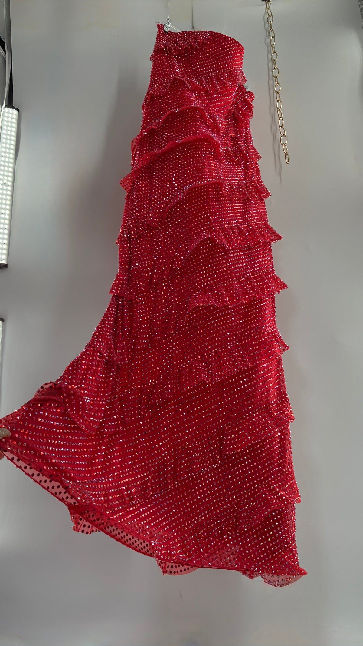 OH POLLY Red Ruffle, Heavy Gown Covered in Iridescent Rhinestones NWOT (14)