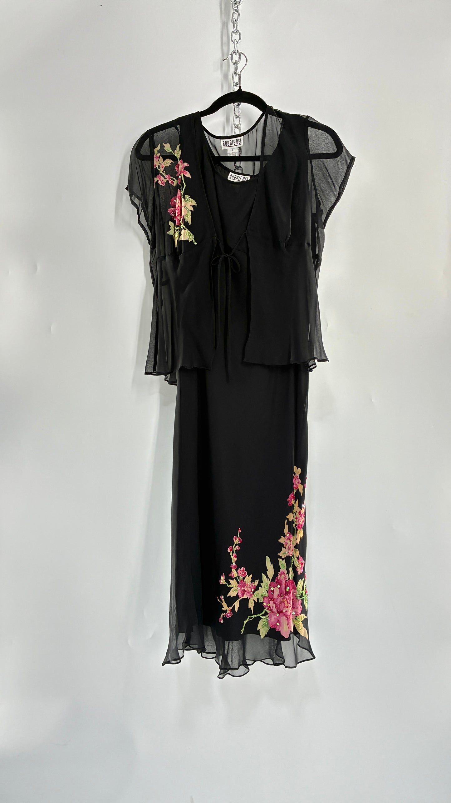Vintage 1990s ROBBIE BEE 100% Silk Black Gown with Underbust Stitch and Matching Tie Bust Blouse (8)