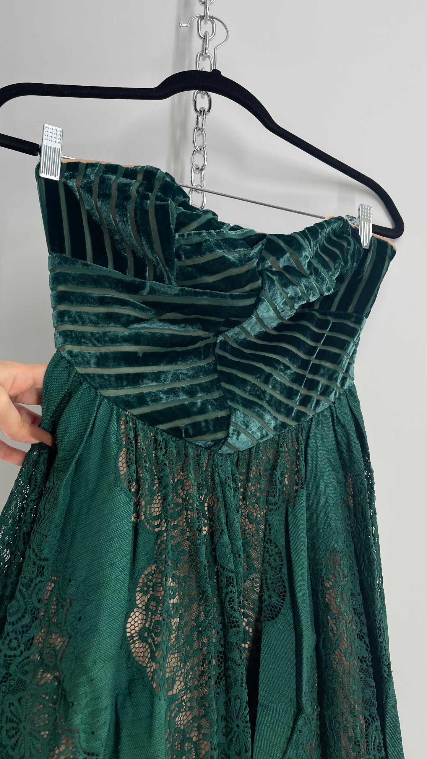 Free People Emerald Green Dress with Velvet Sweetheart Neckline Bustier Bodice with Scalloped Lace, Handkerchief Hem Skirt over Nude Underlay 
 (4)