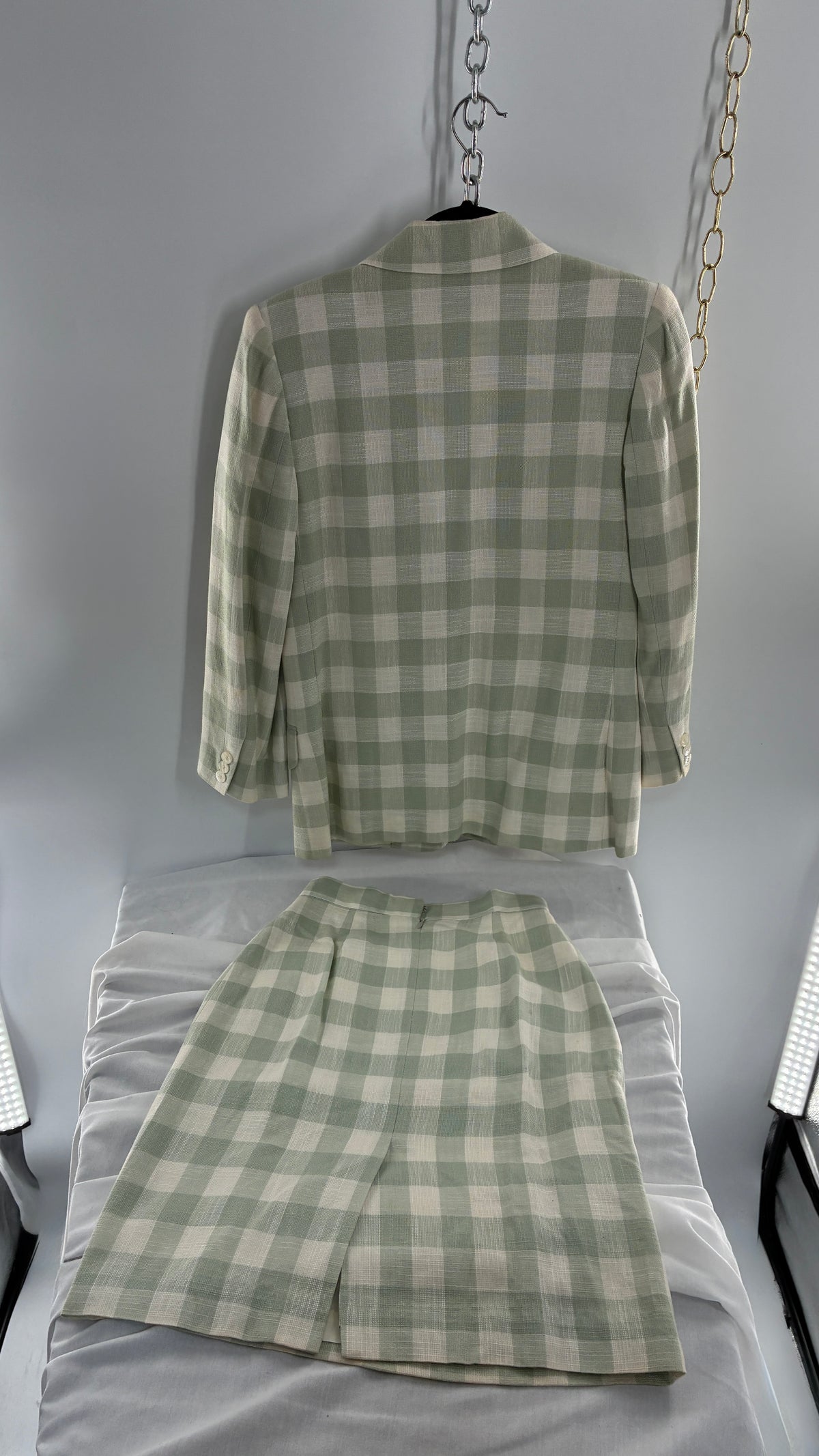 Vintage JH COLLECTIBLES 100% Rayon, Sage Gingham Suit Set (6 Skirt, 4 Blazer)