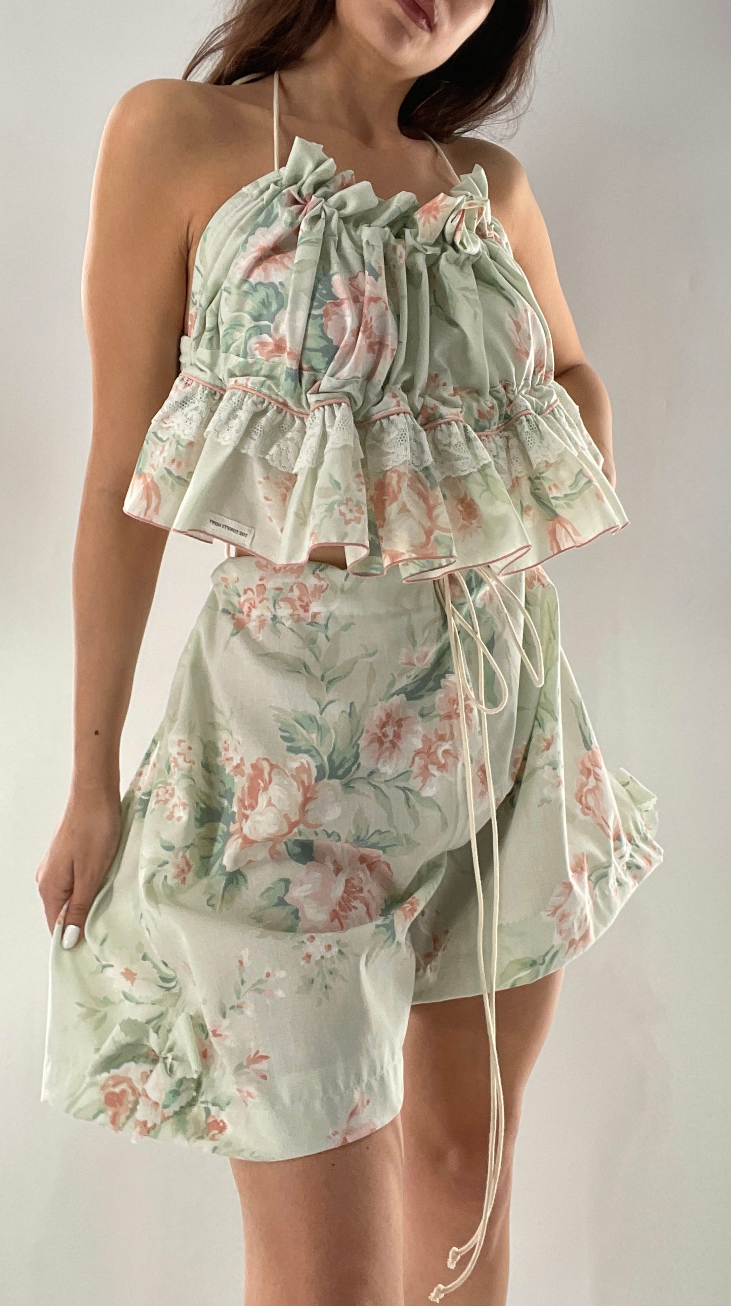 Vintage 2 Piece Bloomers and Babydoll Blouse Set Covered in Delicate Florals, Ruffles, Bows and Lace (One Size)