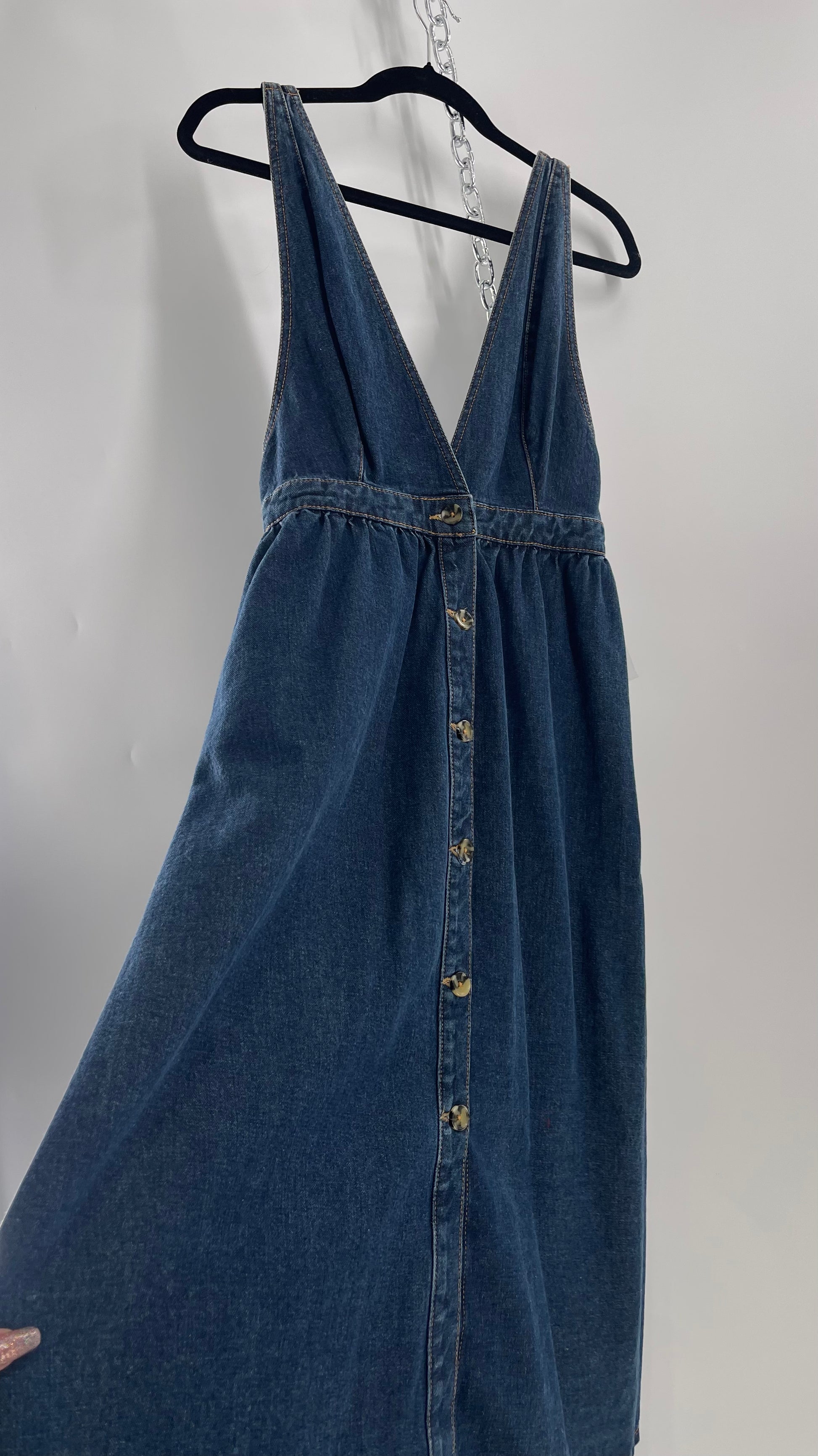 midi dress urban outfitters UO Nicolette Smocked White Adjustable Tie New XS Urban Outfitters Medium Wash Denim