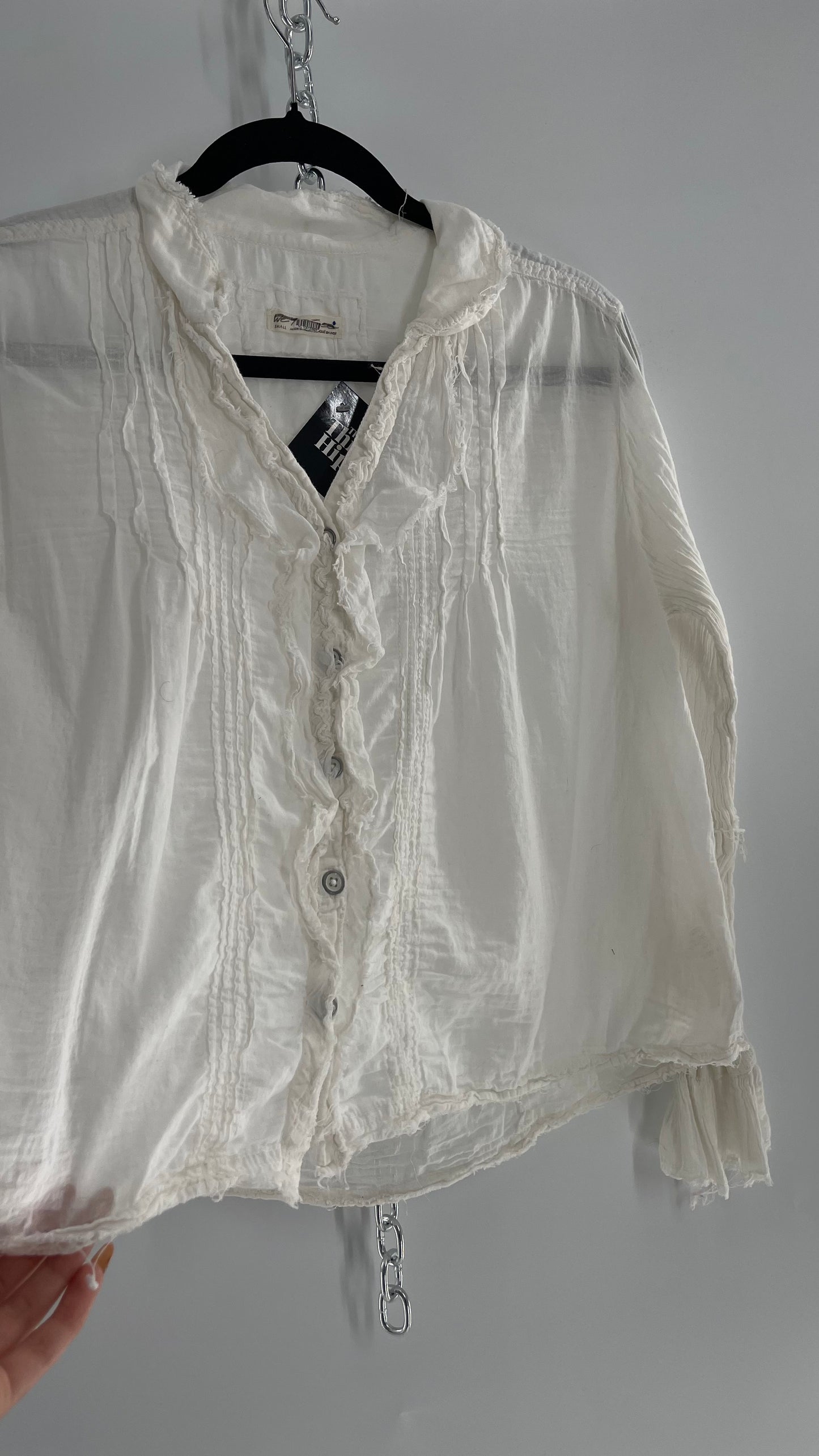 Free People White Cotton Ruffle Button Up with Crimped Sleeves (Small)