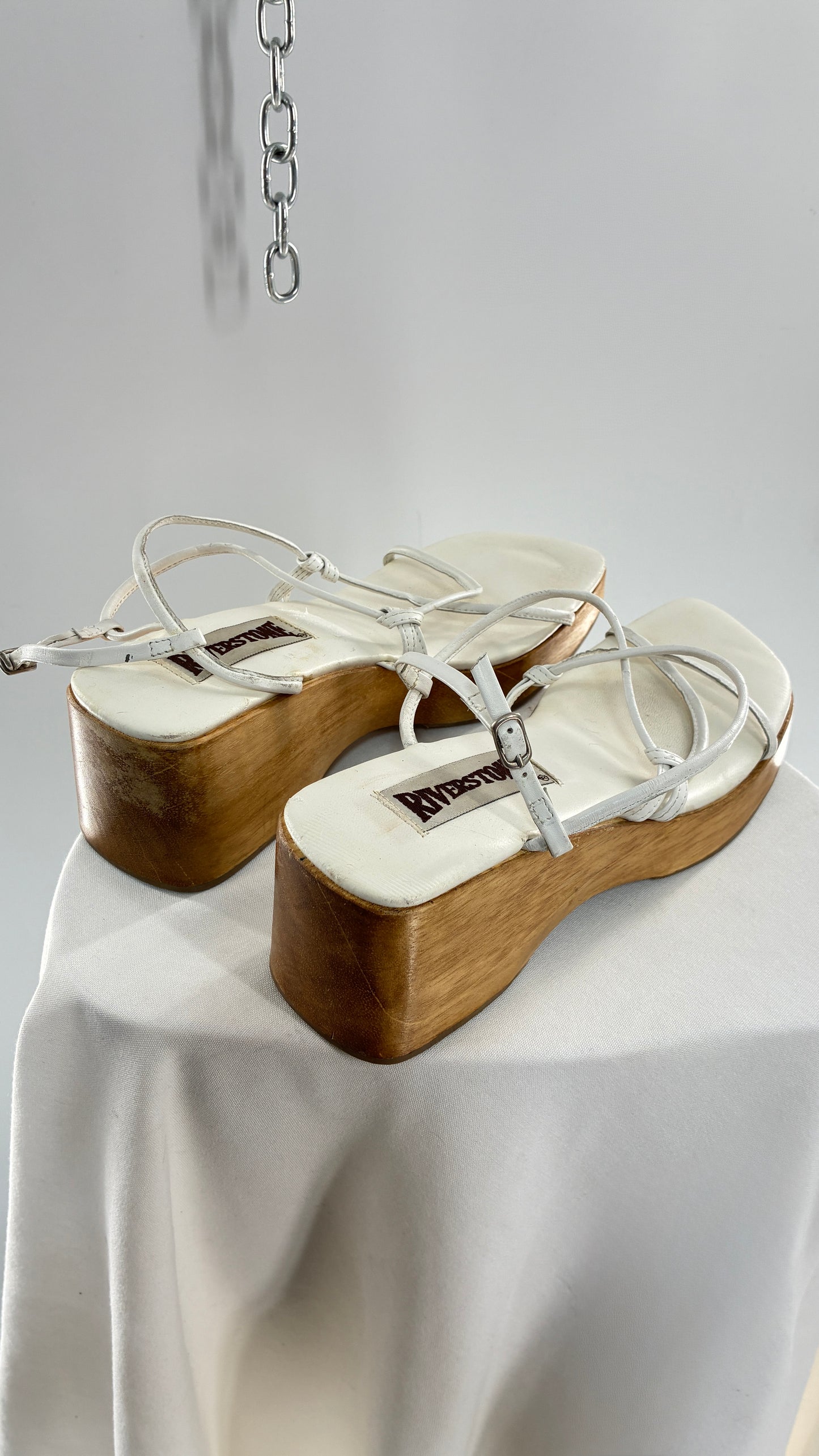 Vintage 1990s RIVERSTONE Wooden Platform Square Toe, Strappy Sandal Made in Brazil (8)