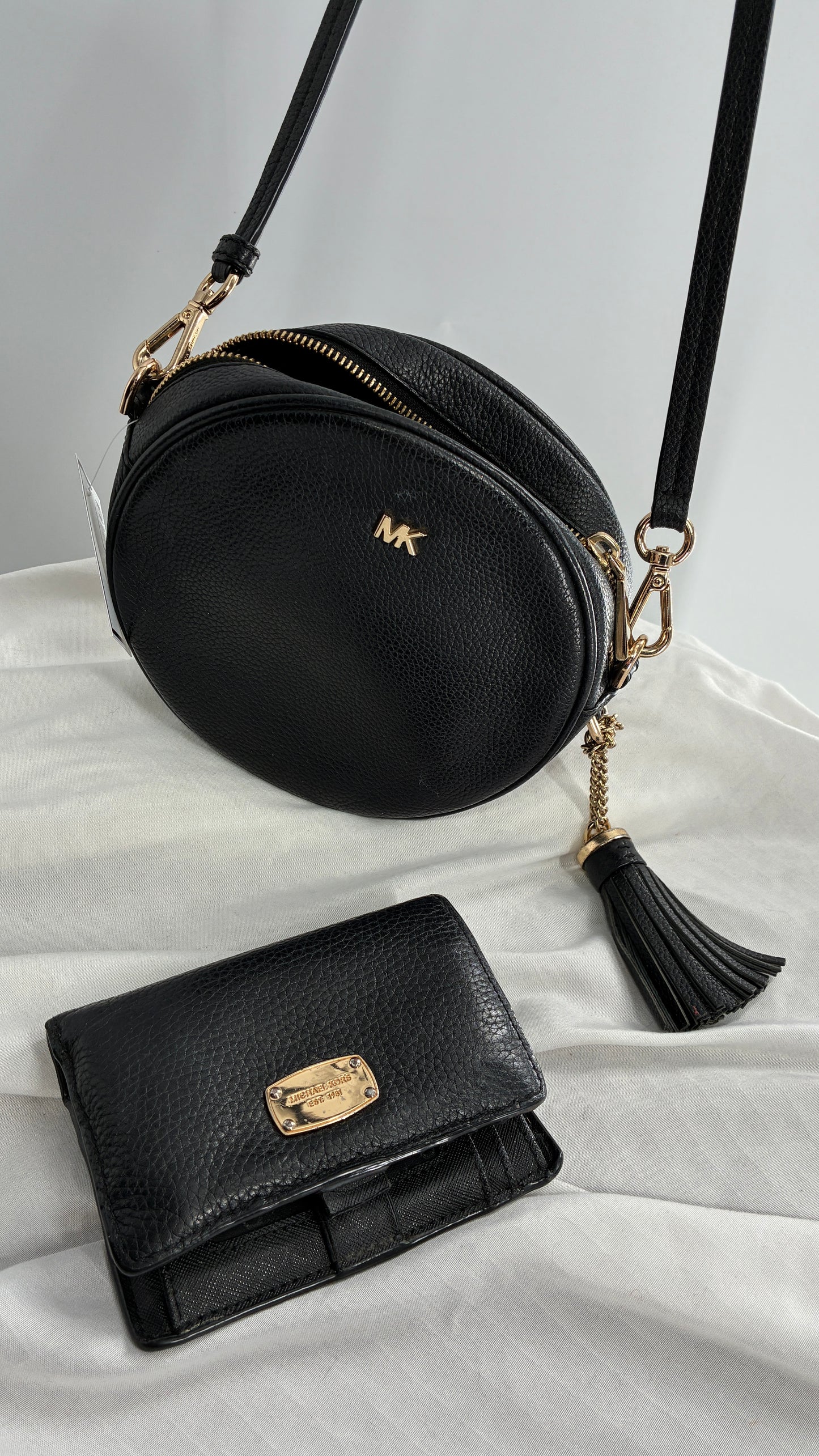 Michael Kors Black Round Crossbody Purse and Matching Wallet