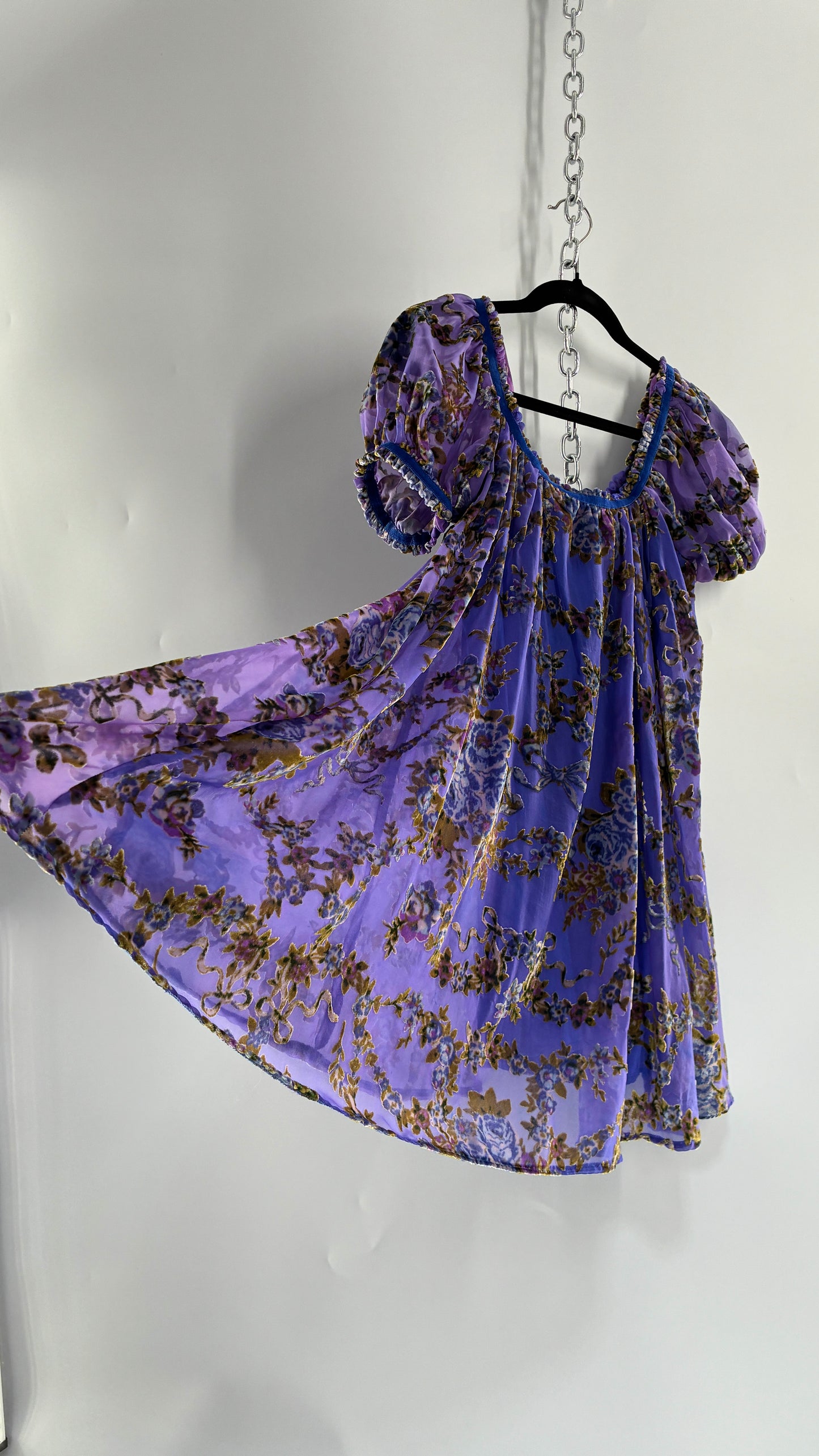 Free People Royal Blue Velour Floral and Bow Puff Sleeve Babydoll Mini Dress (XS)