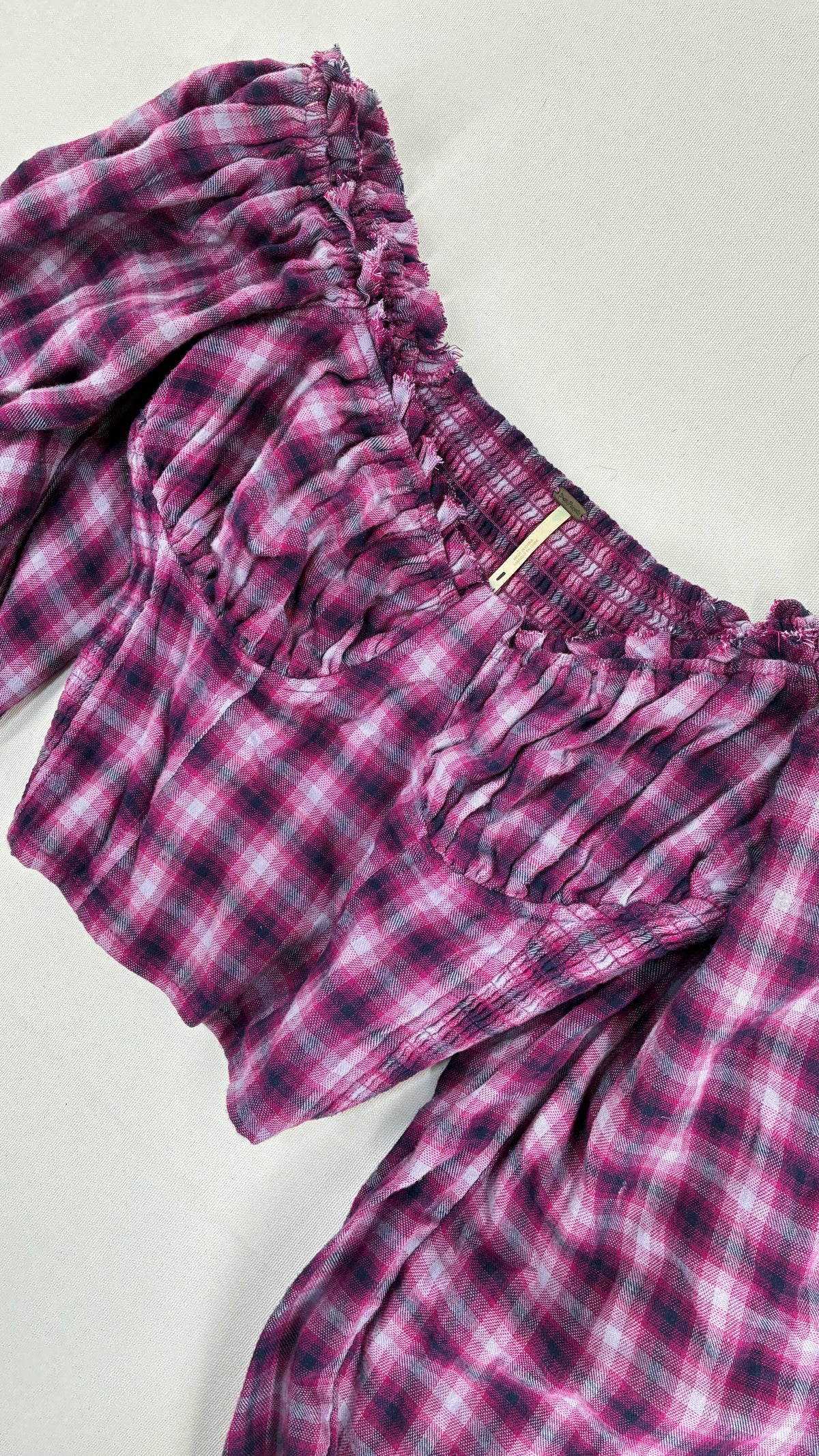 Free People Purple Plaid Bubble Sleeve Blouse with Milkmaid Bust (Small)