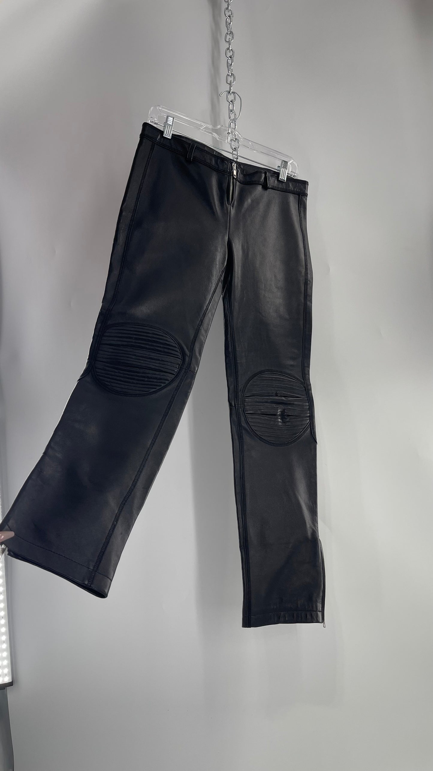 PAOLA FRANI 1990s Black Genuine Leather Low Waisted, Zip Front, Patched Bum and Knee Pants (8)