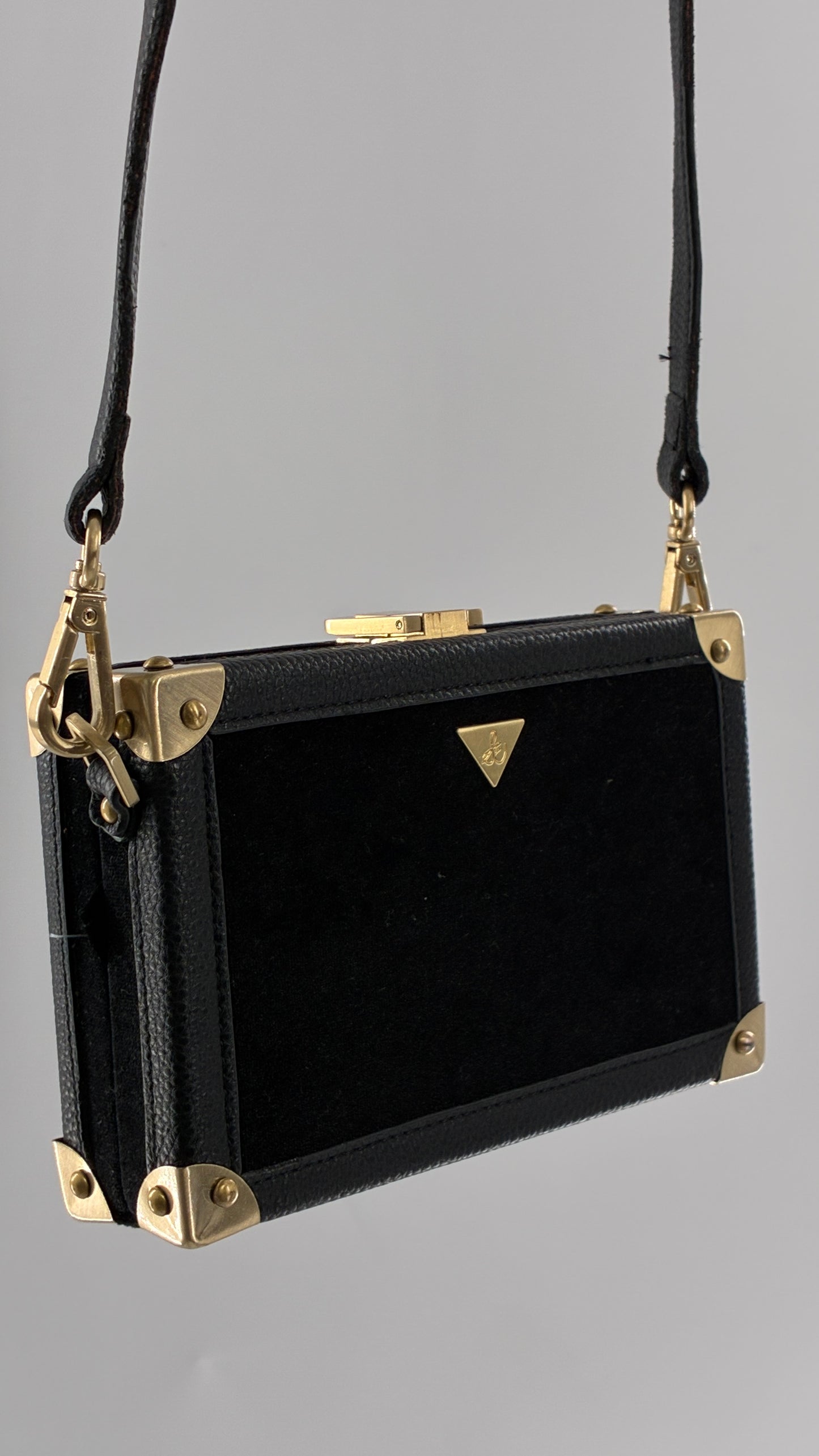 Vintage Sam Edelman Black Leather and Velour Box Case Purse with Gold Hardware and Celestial Beading